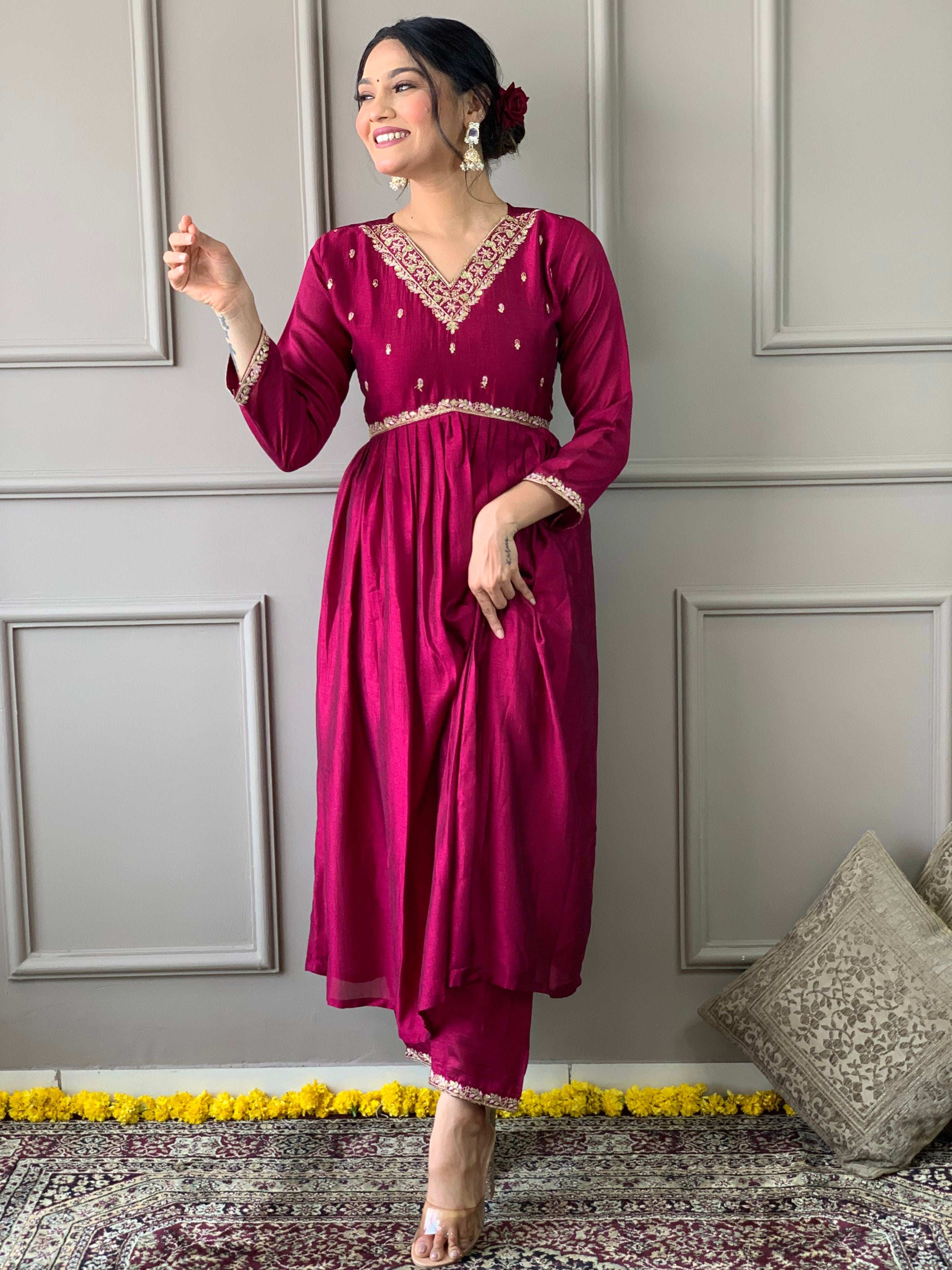 Rani Pink CP Vichitra Kurta Pant With Heavy Thread Embroidery Work With Sequins Work