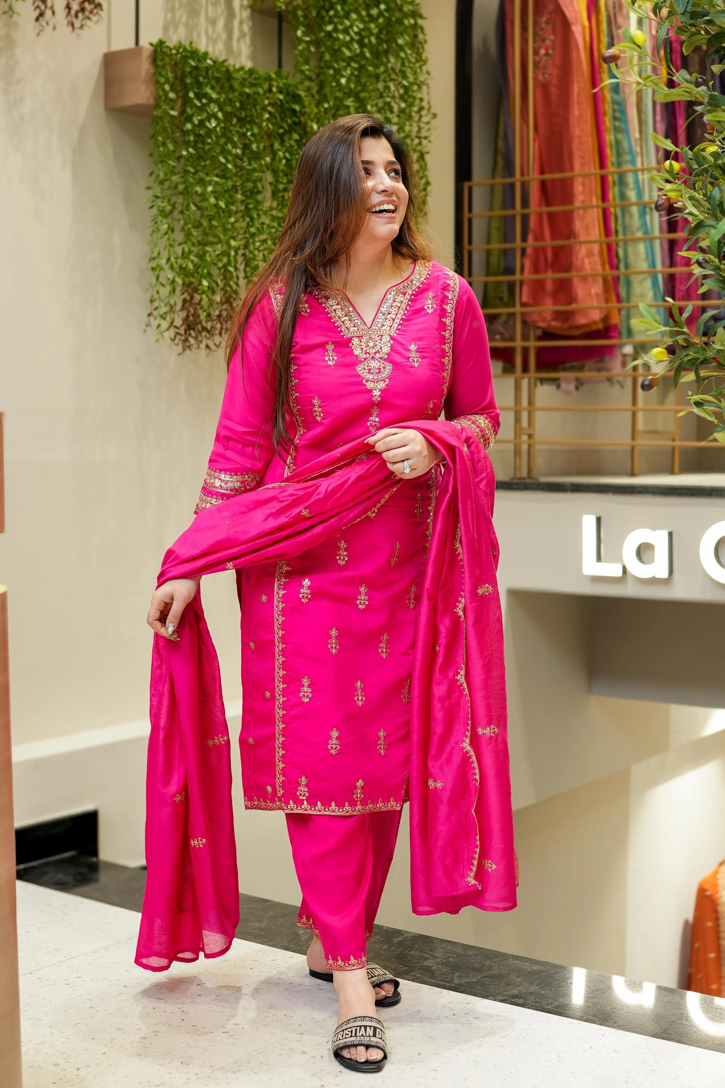 Rani Pink Chanderi Silk Kurta Pant Set With Thread Embroidered With Sequins Work