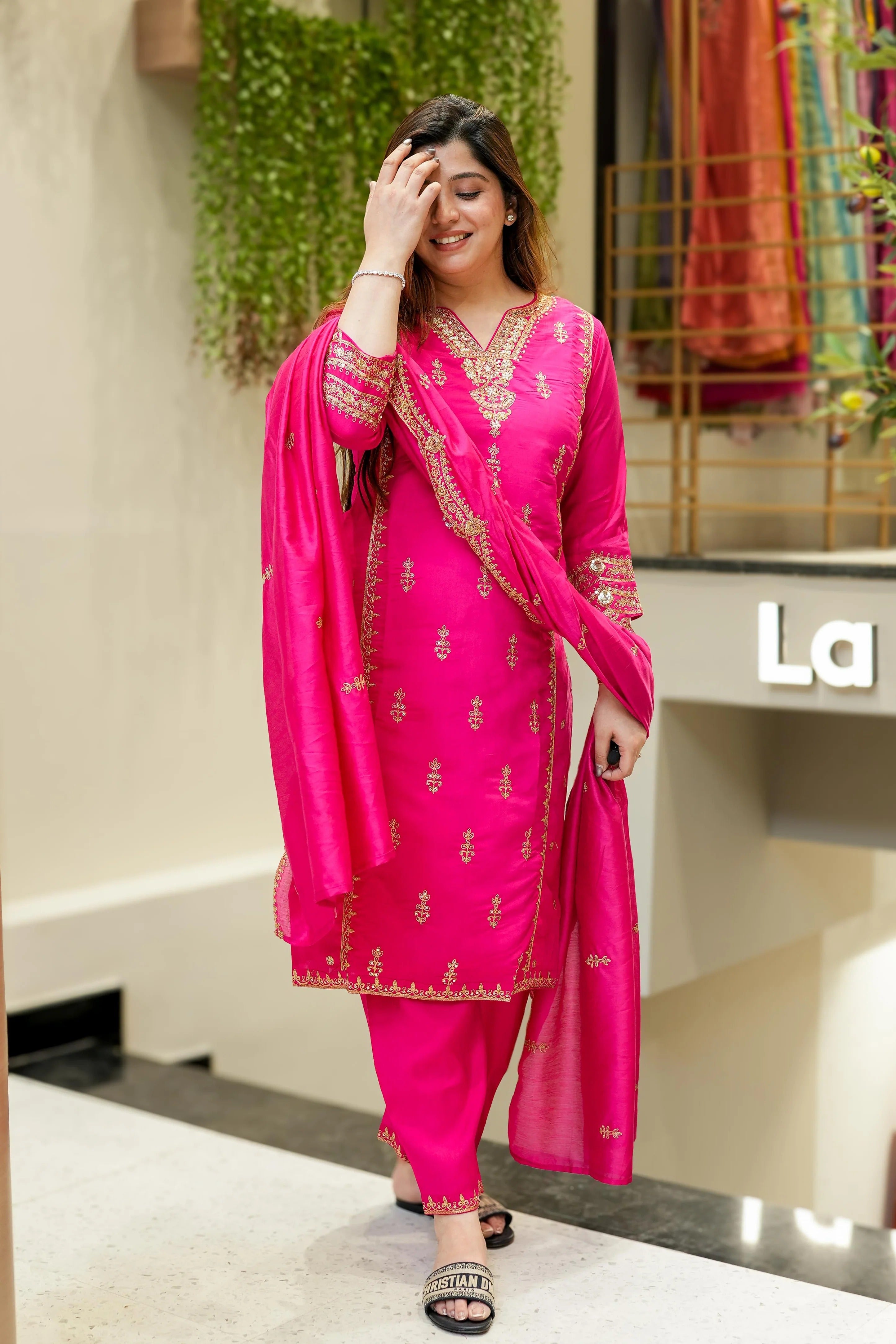 Rani Pink Chanderi Silk Kurta Pant Set With Thread Embroidered With Sequins Work