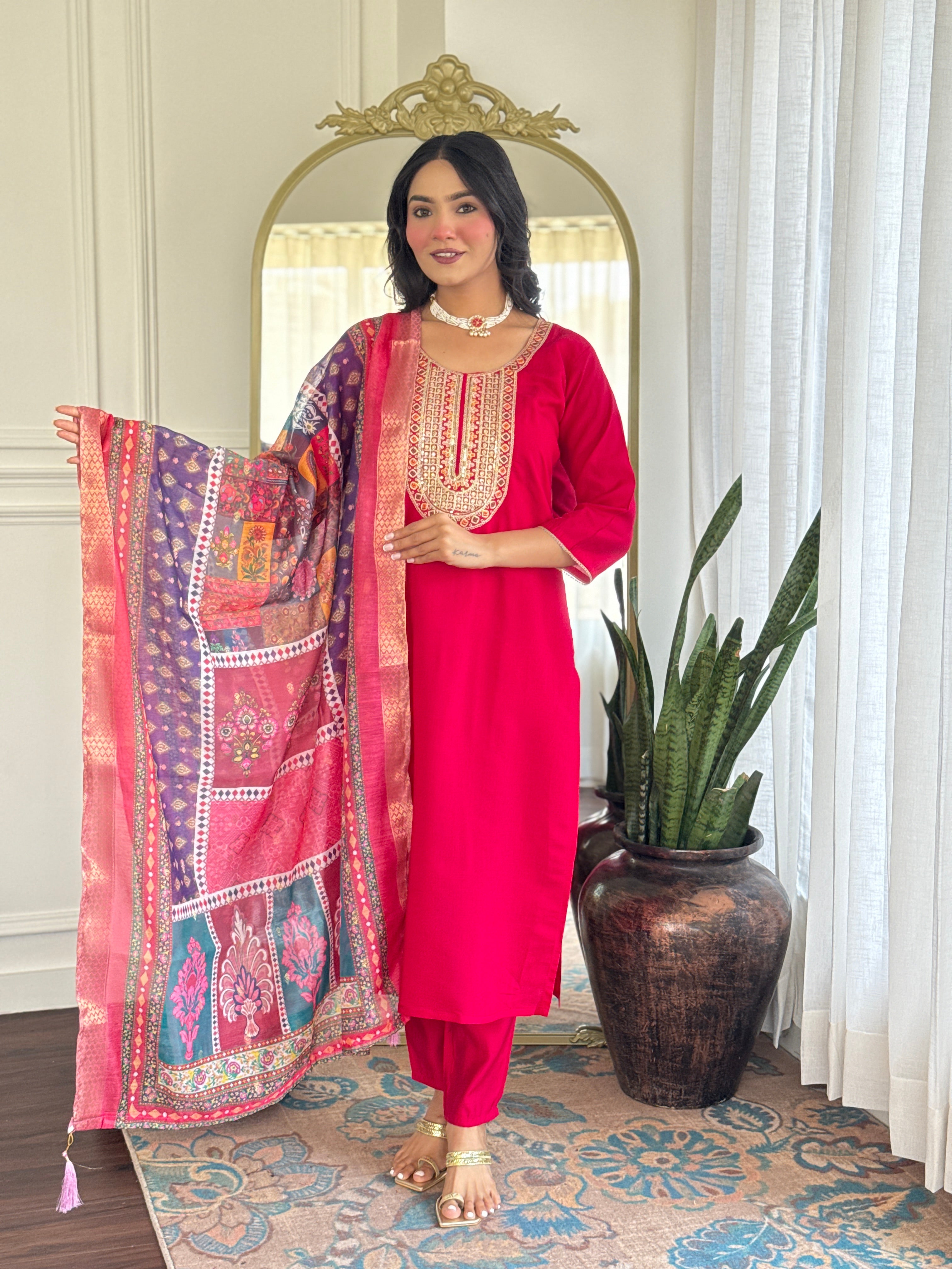 Rani Pink Chanderi Silk Kurta Pant with Heavy Thread Embroidery Work With Printed Dupatta
