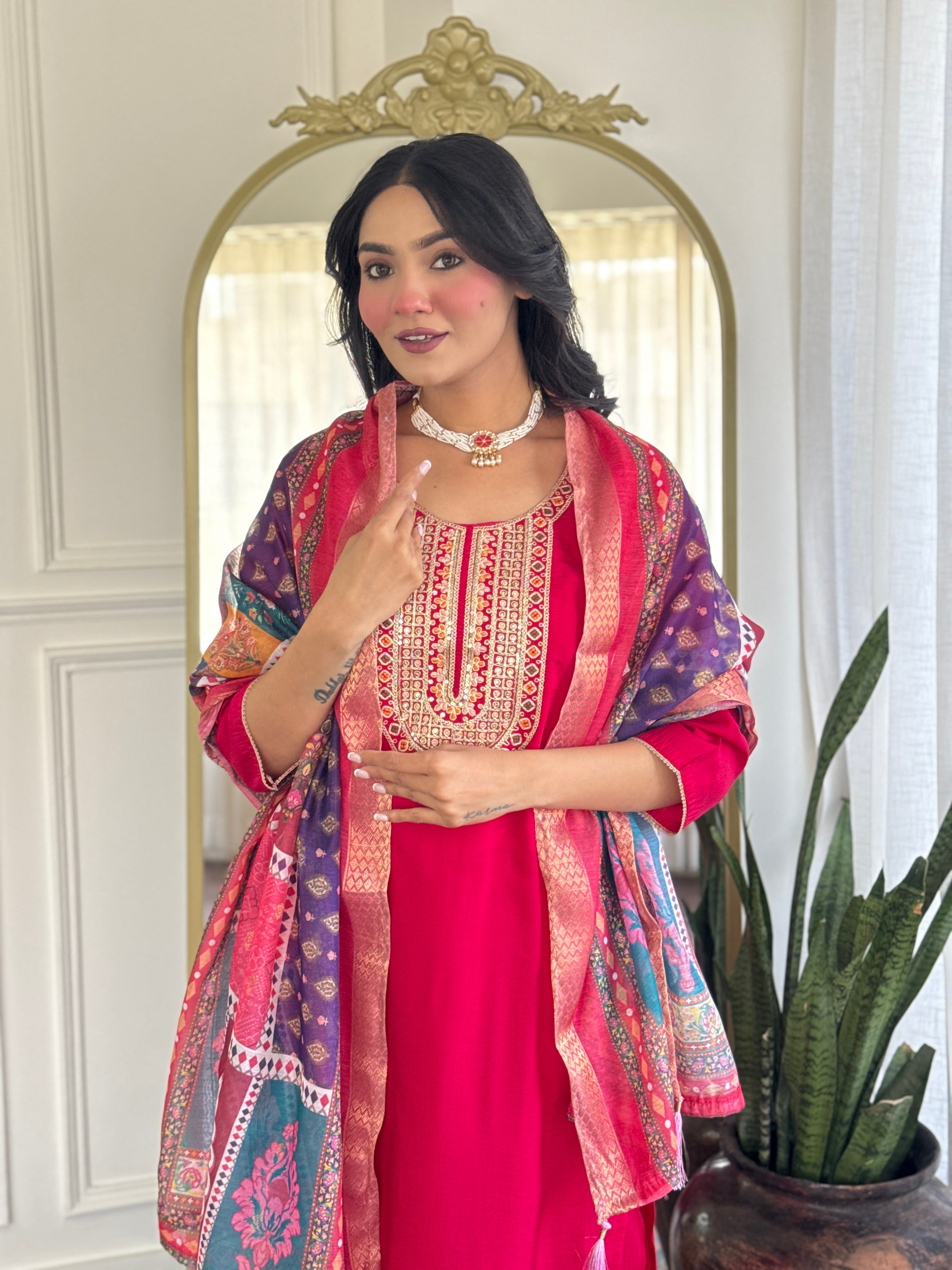 Rani Pink Chanderi Silk Kurta Pant with Heavy Thread Embroidery Work With Printed Dupatta