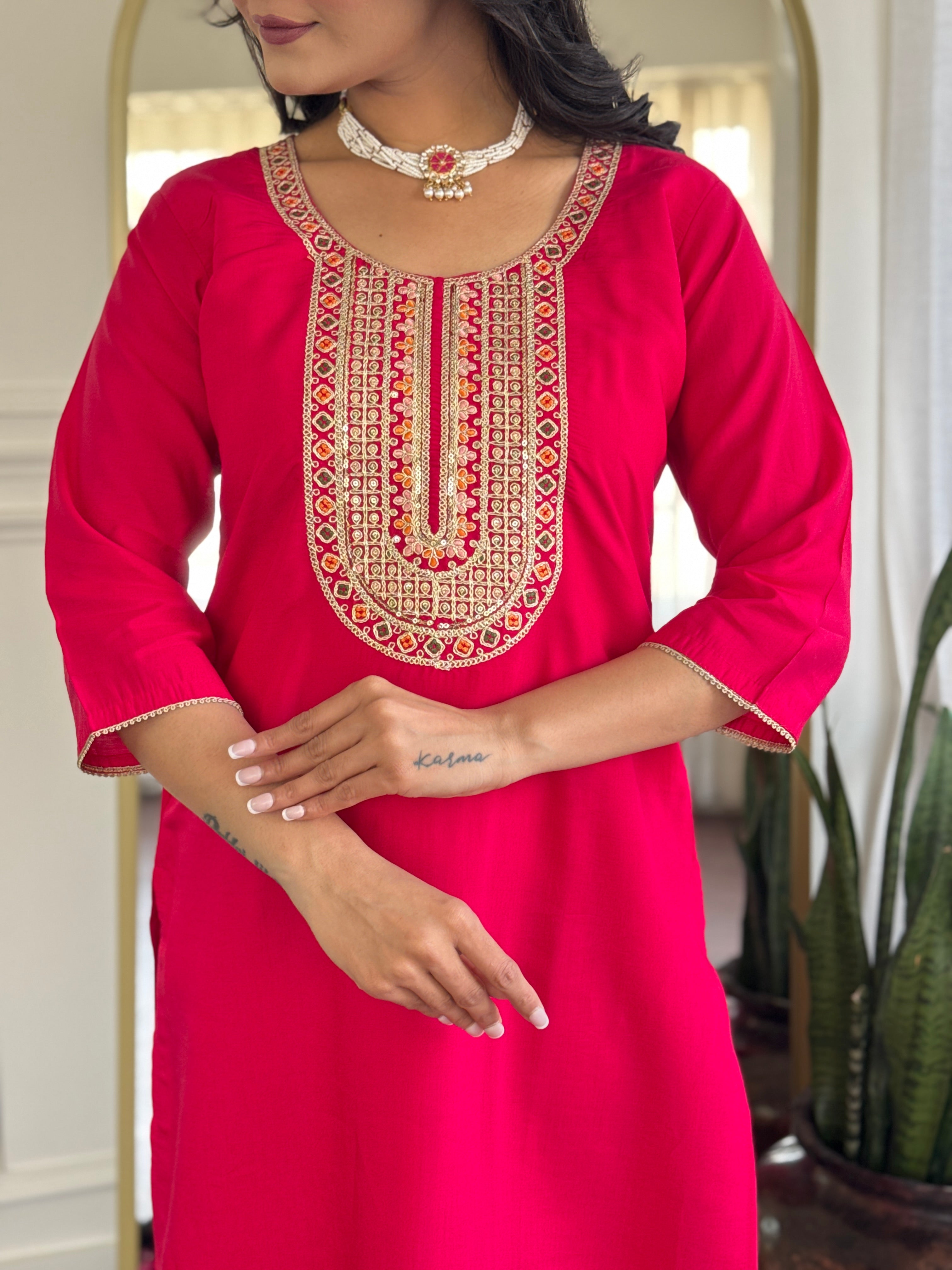 Rani Pink Chanderi Silk Kurta Pant with Heavy Thread Embroidery Work With Printed Dupatta