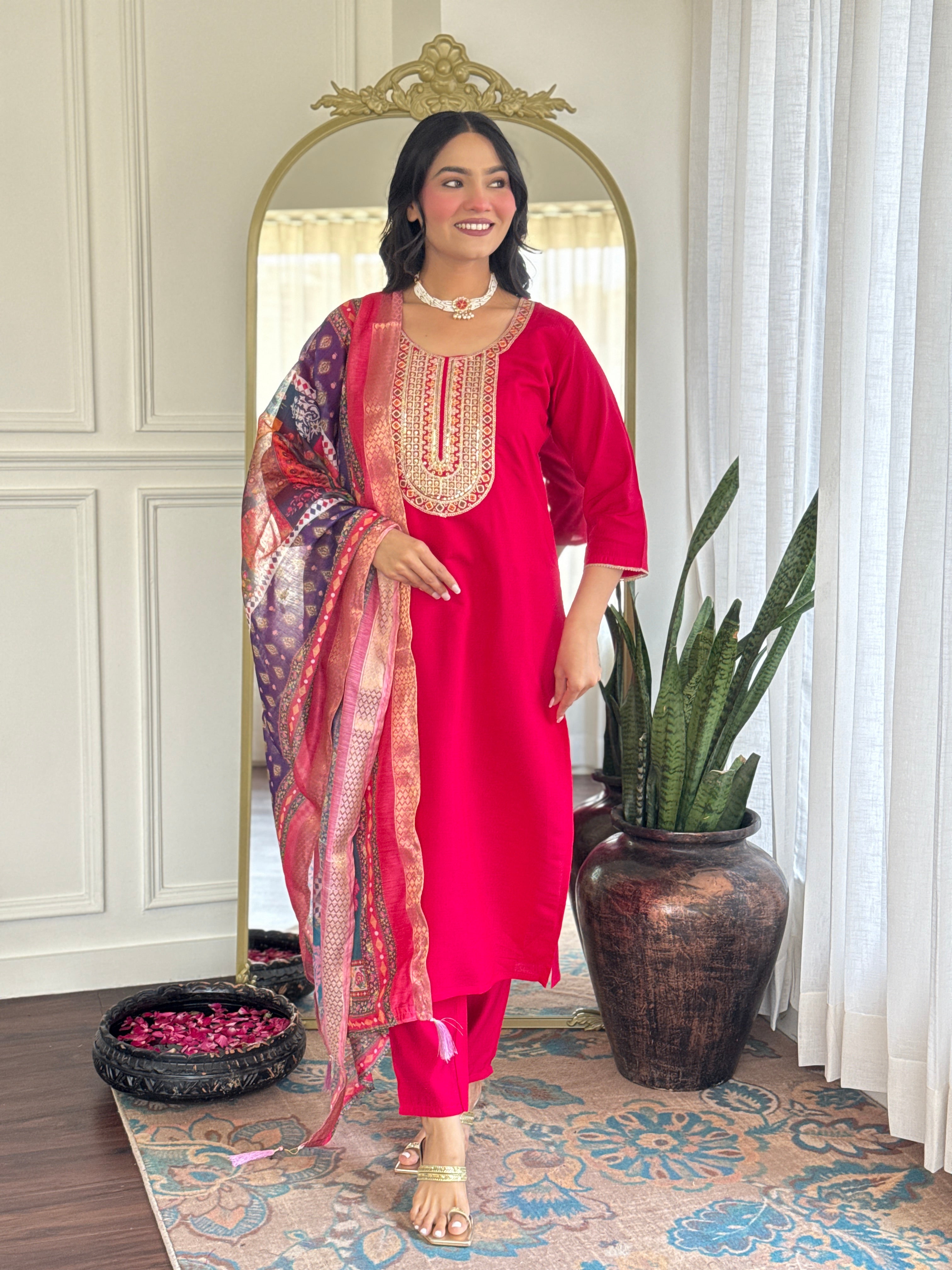 Rani Pink Chanderi Silk Kurta Pant with Heavy Thread Embroidery Work With Printed Dupatta