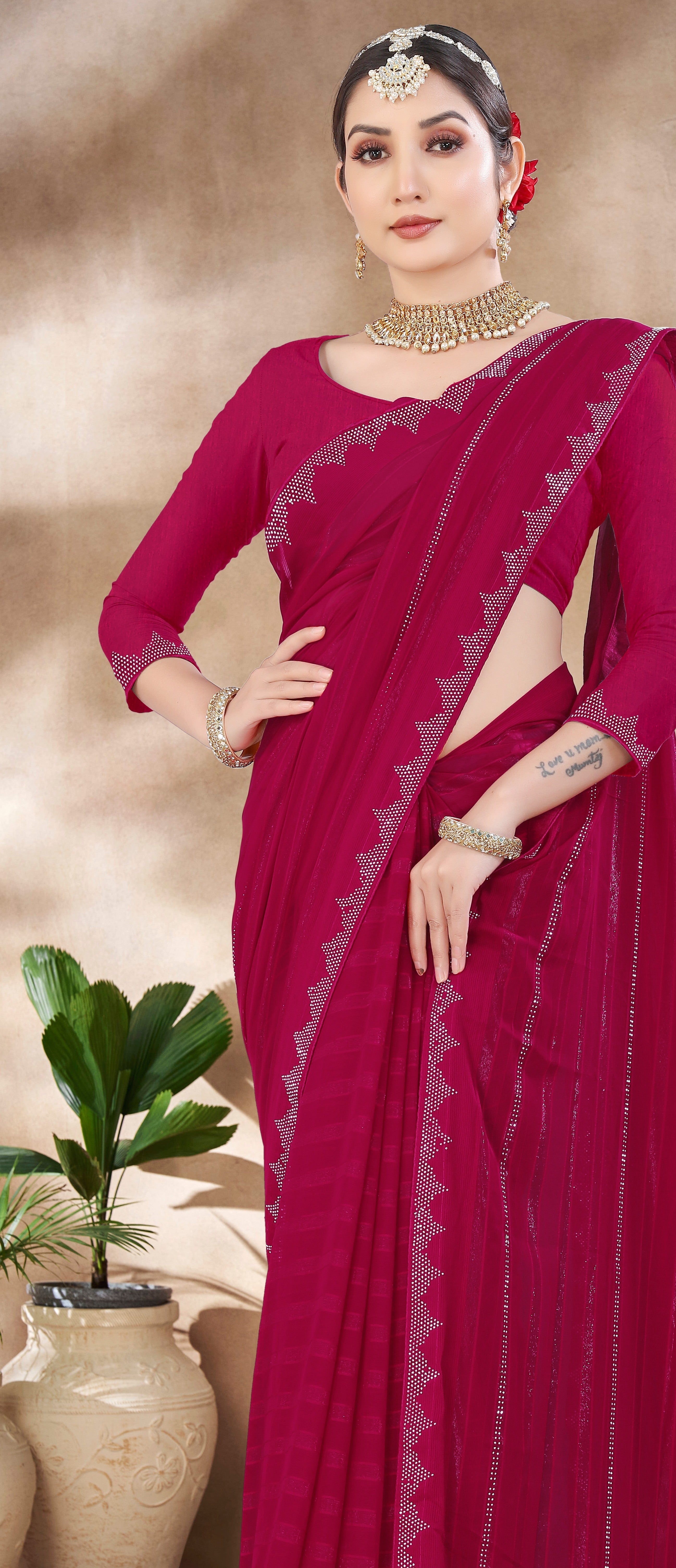 Rani Pink Chiffon Saree With Swarovski Diamond Work