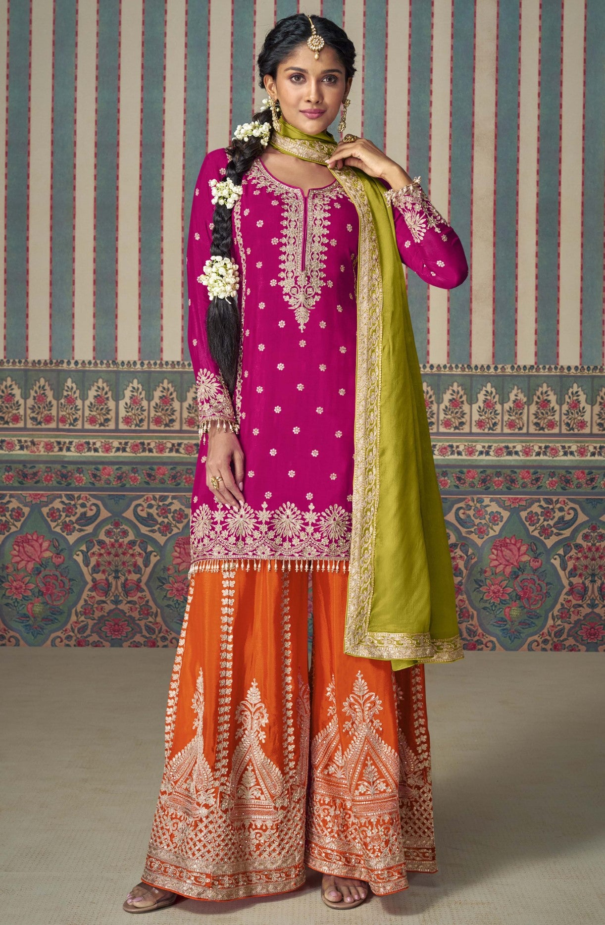Rani Pink Chinon Silk Palazzo Suit With Embellished Mirror Work