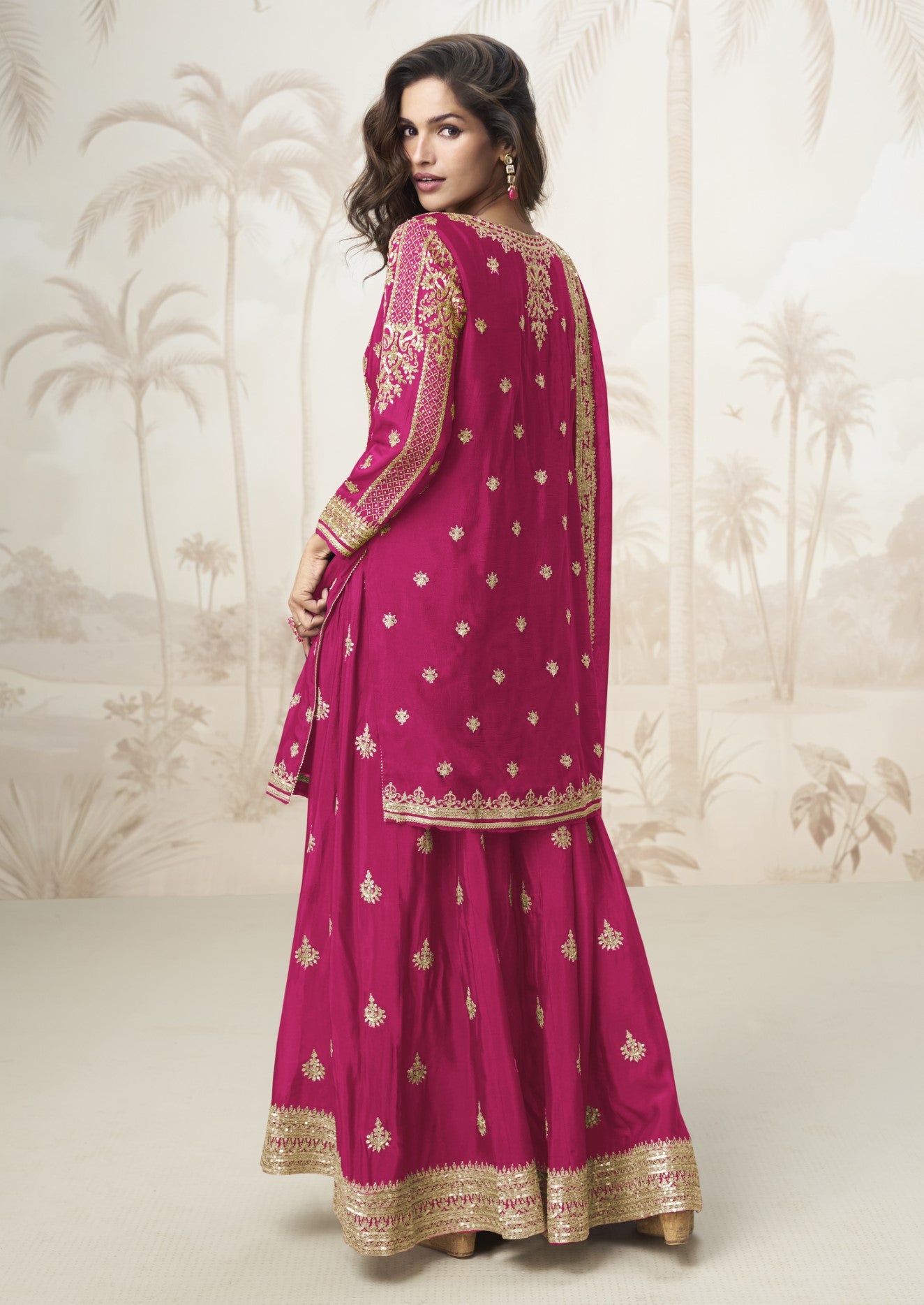 Rani Pink Chinon Silk Salwar Suit With Zari Sequin Embroidery