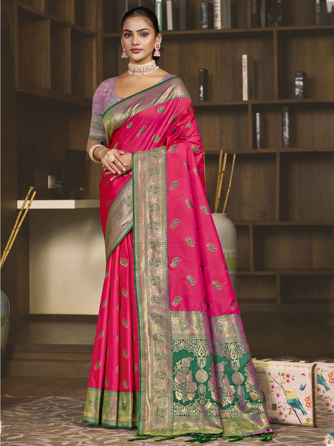 Rani Pink Color Jacquard Silk Saree