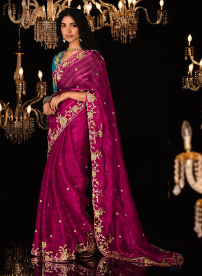 Rani Pink Fancy Fabric Saree With Heavy Thread Embroidery, Zarkan, Stone With Sequins Work