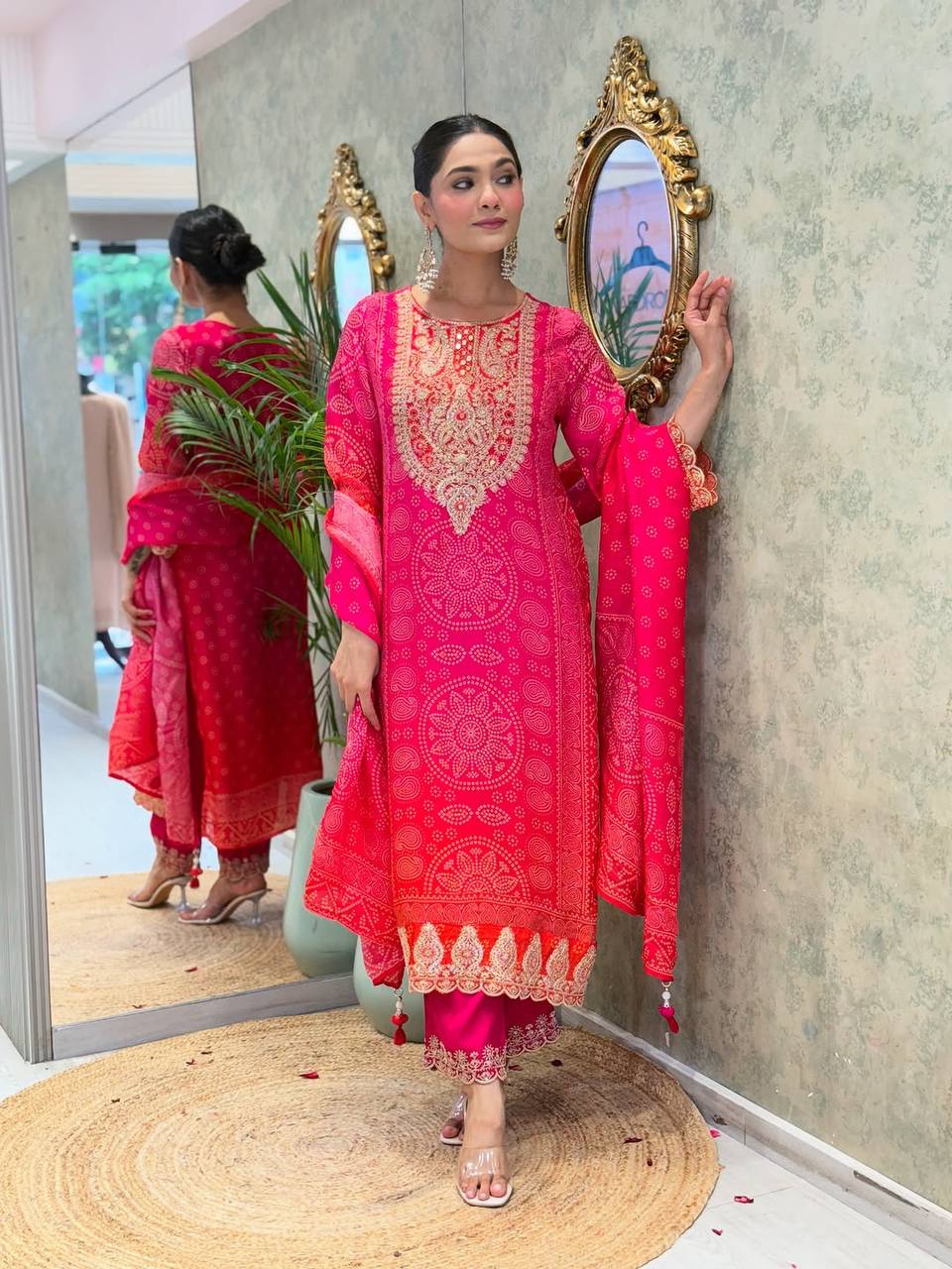 Rani Pink French Crepe Kurta Pant Set With Bandhani Print With Heavy Thread Embroidered Work