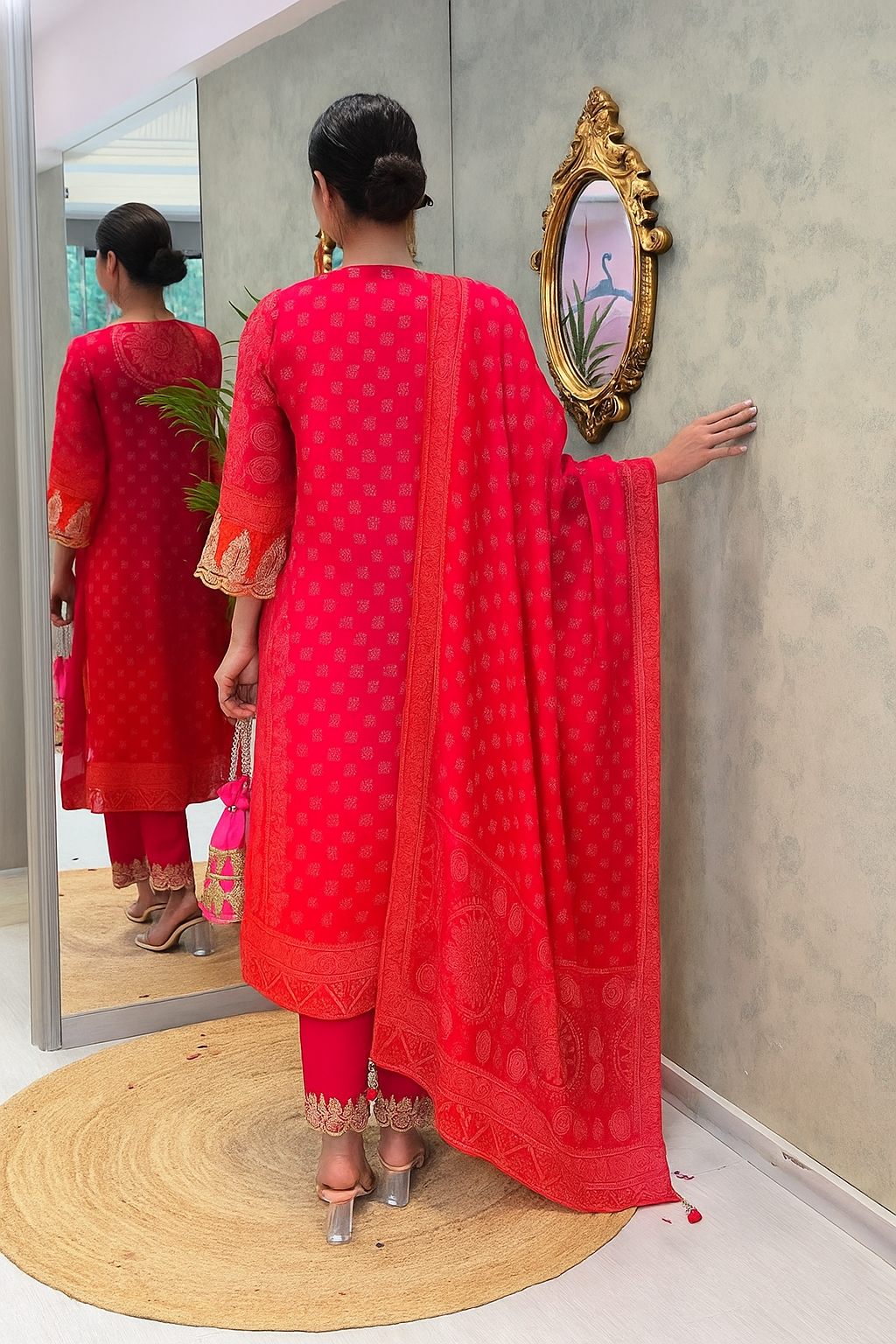 Rani Pink French Crepe Kurta Pant Set With Bandhani Print With Heavy Thread Embroidered Work