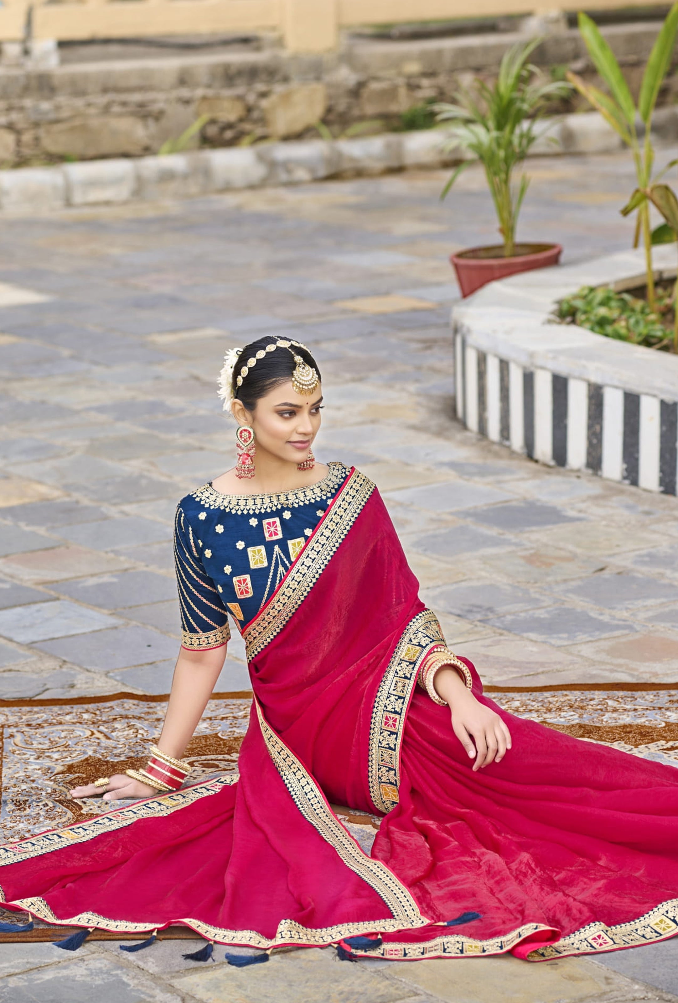 Rani Pink Georgette Plain Saree With Embroidered Lace Border