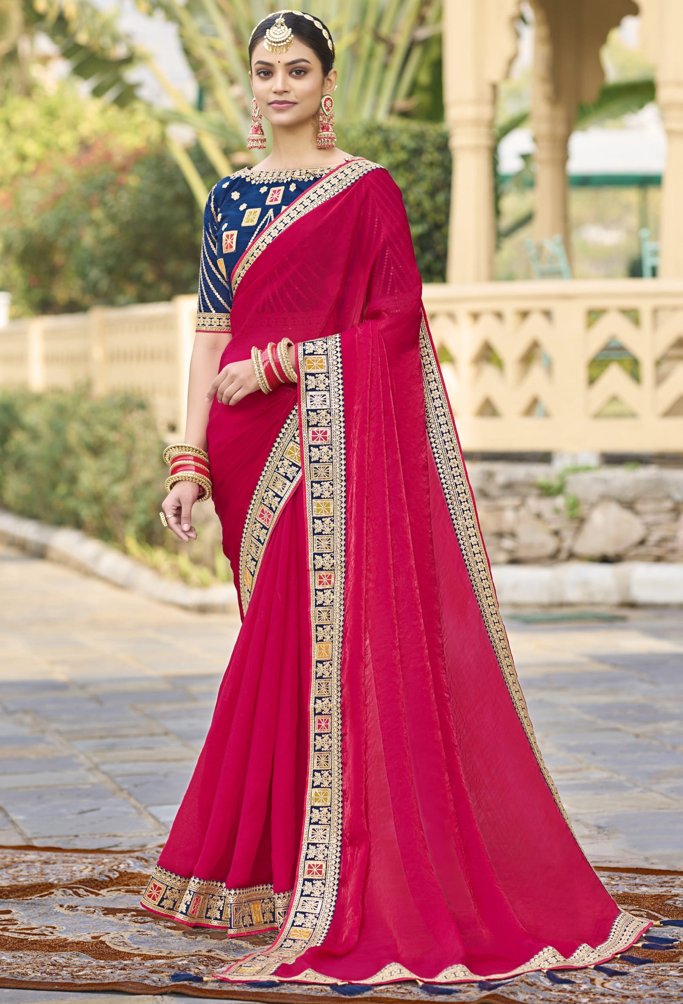 Rani Pink Georgette Plain Saree With Embroidered Lace Border