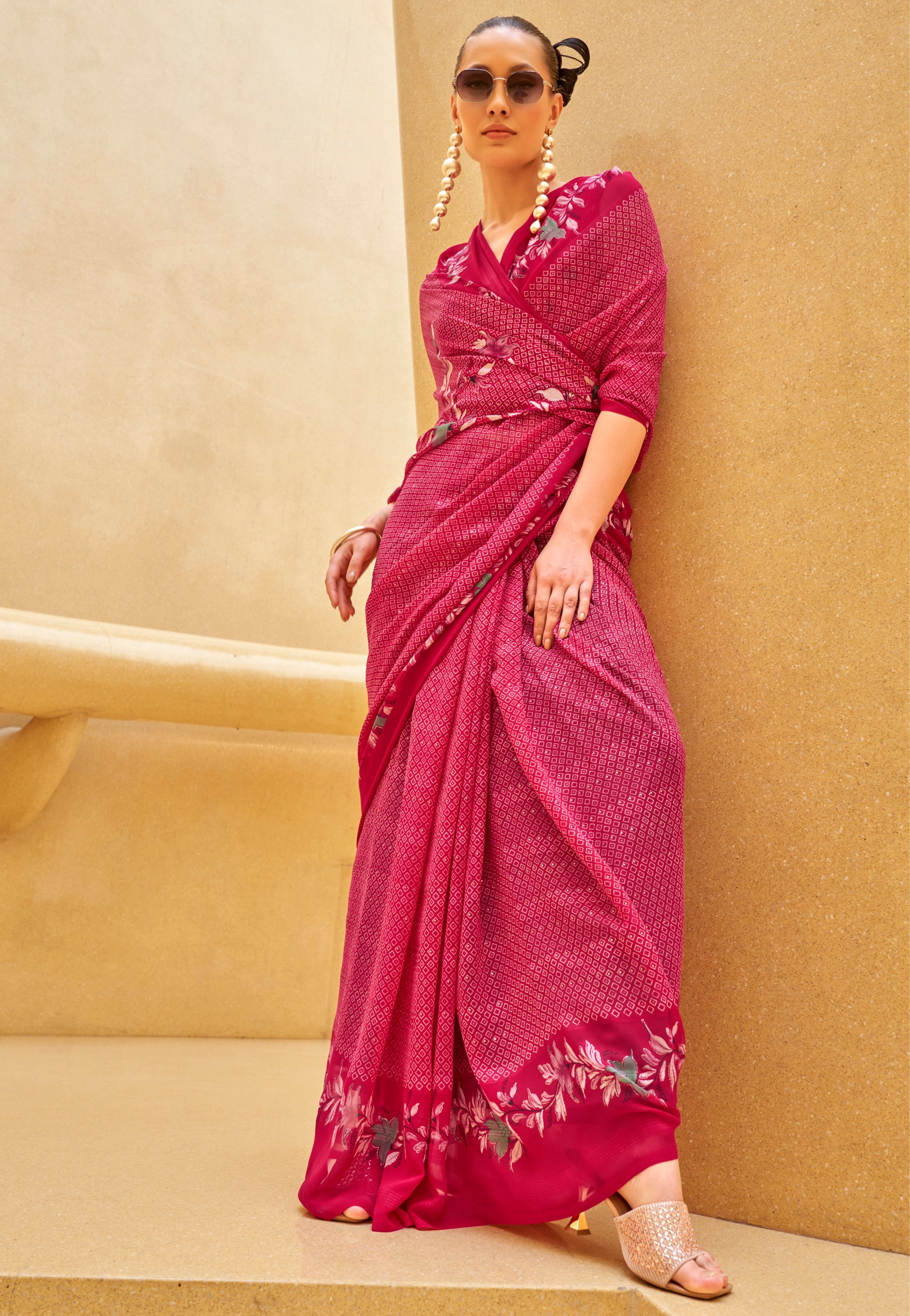 Rani Pink Georgette Printed Saree