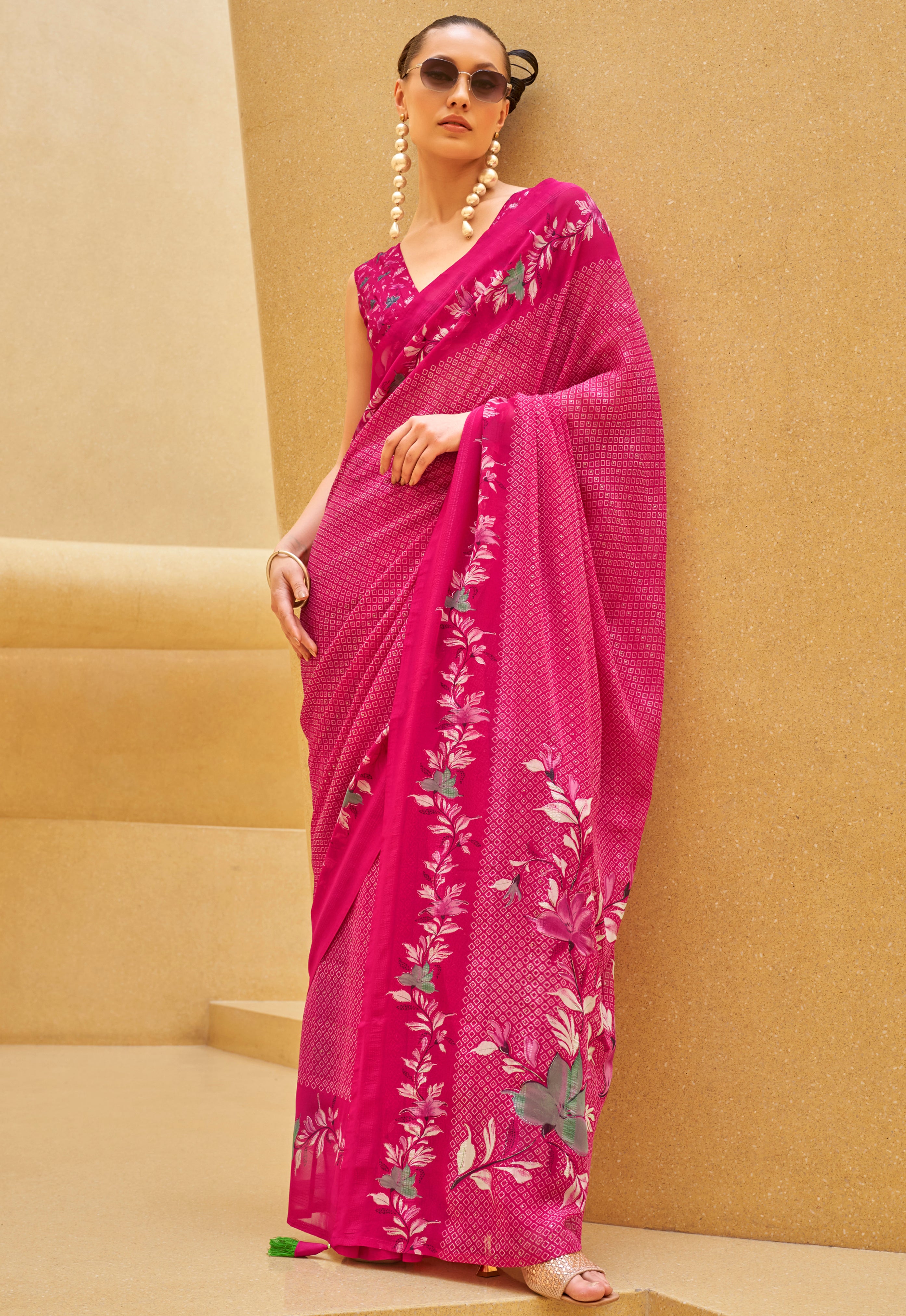 Rani Pink Georgette Printed Saree