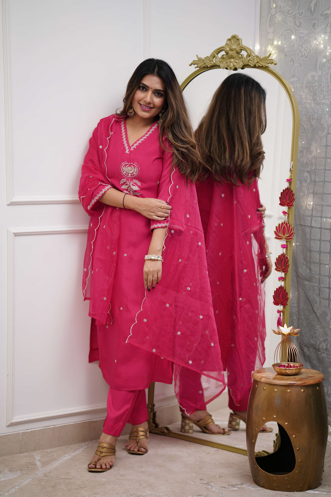 Rani Pink Kurta Pant Set With Heavy Thread Embroidery Sequins Work