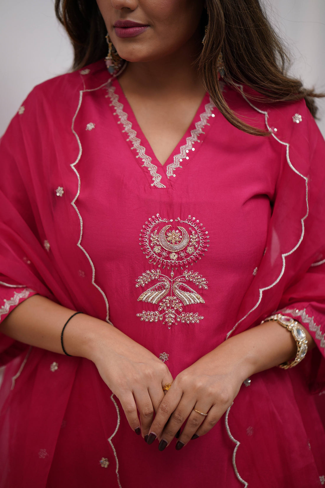 Rani Pink Kurta Pant Set With Heavy Thread Embroidery Sequins Work