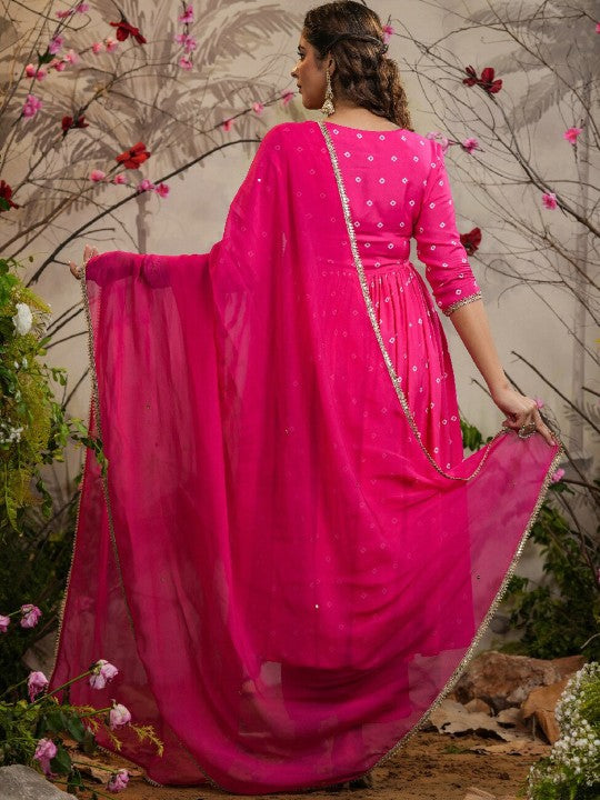 Rani Pink Kurta Pant Set with Printed With Embroidery Lace Work