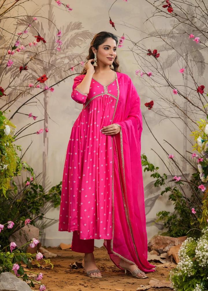 Rani Pink Kurta Pant Set with Printed With Embroidery Lace Work