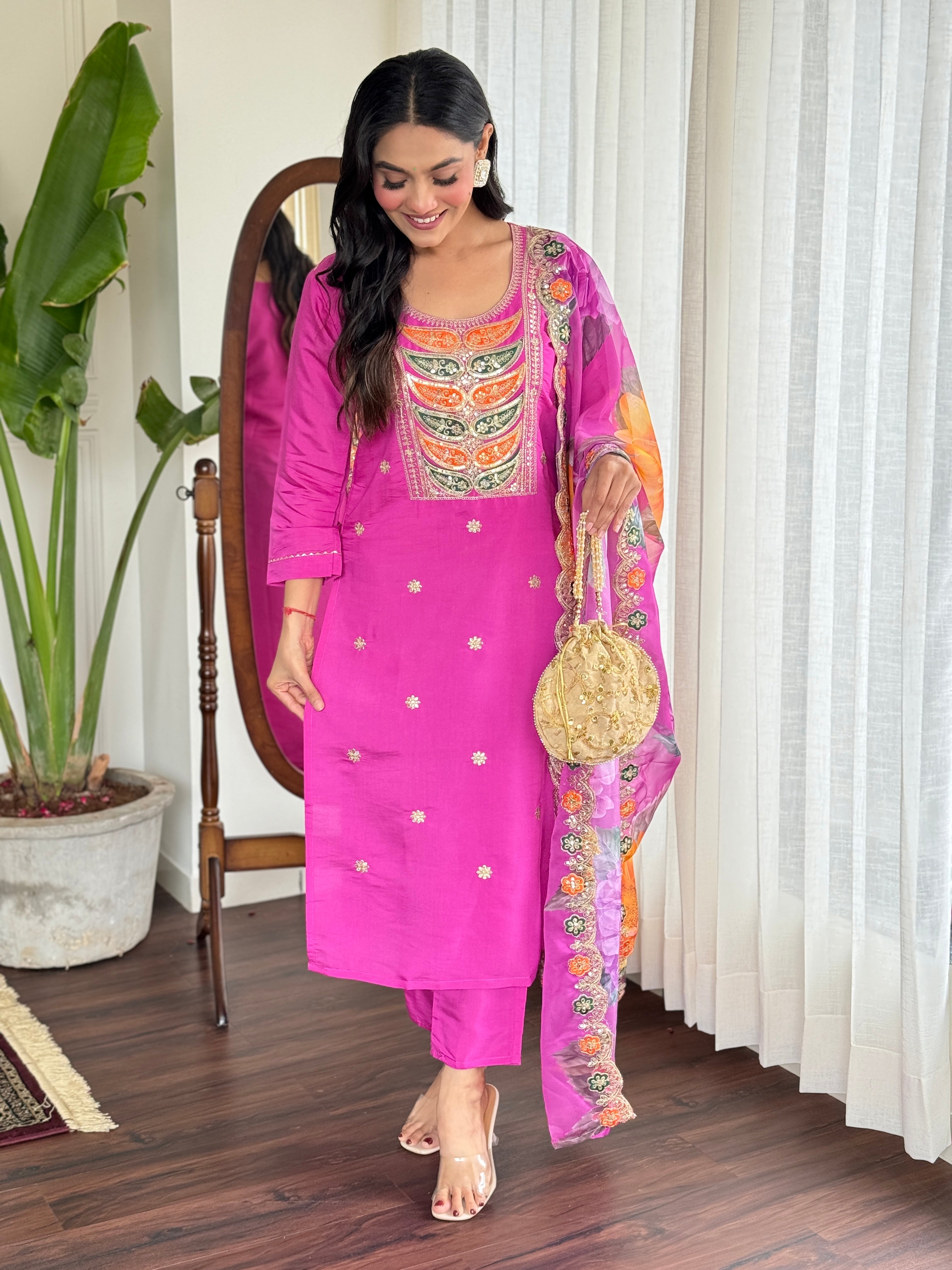 Rani Pink Kurta Pant with Heavy Thread Embroidery Sequins Work