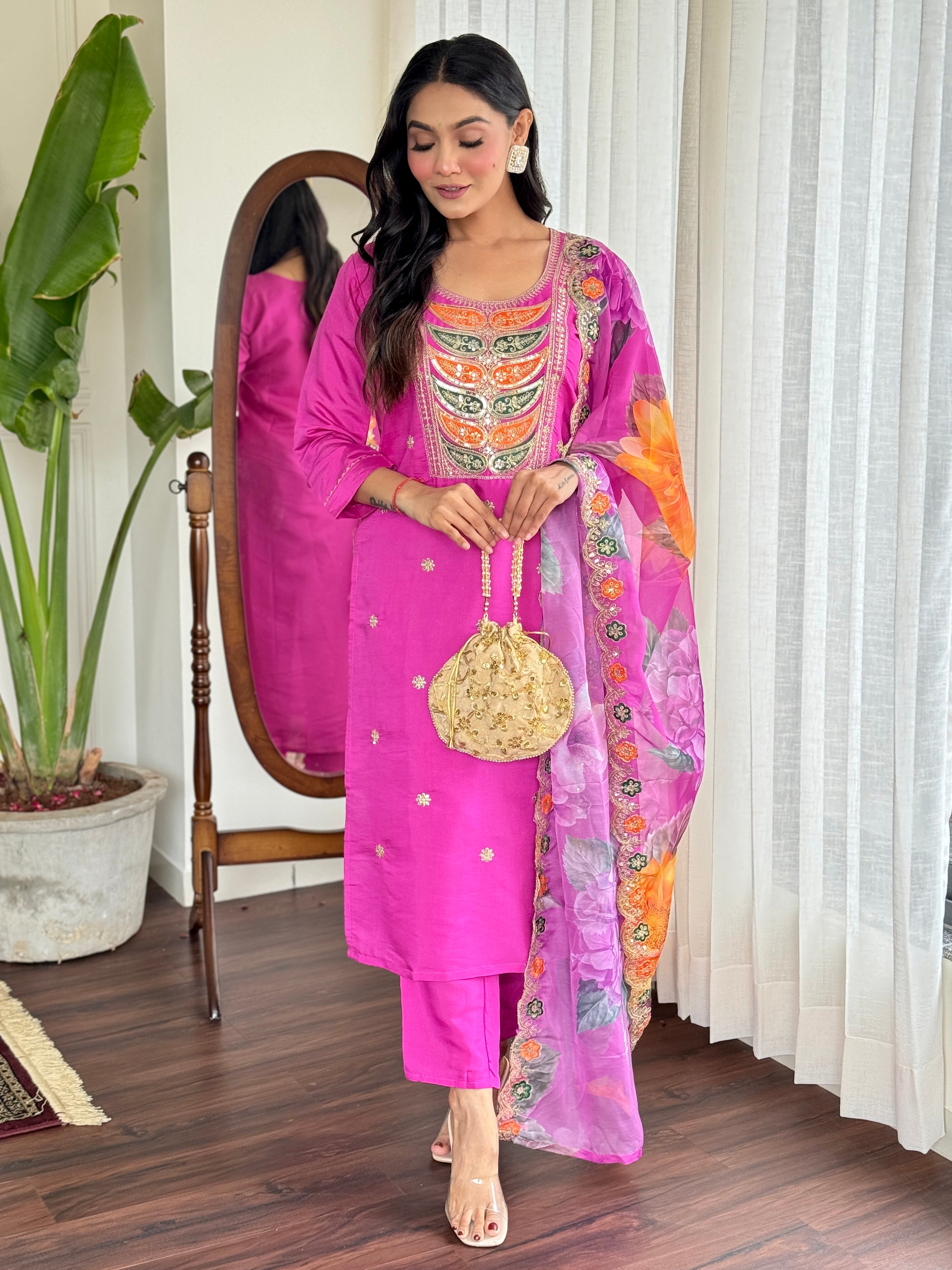 Rani Pink Kurta Pant with Heavy Thread Embroidery Sequins Work