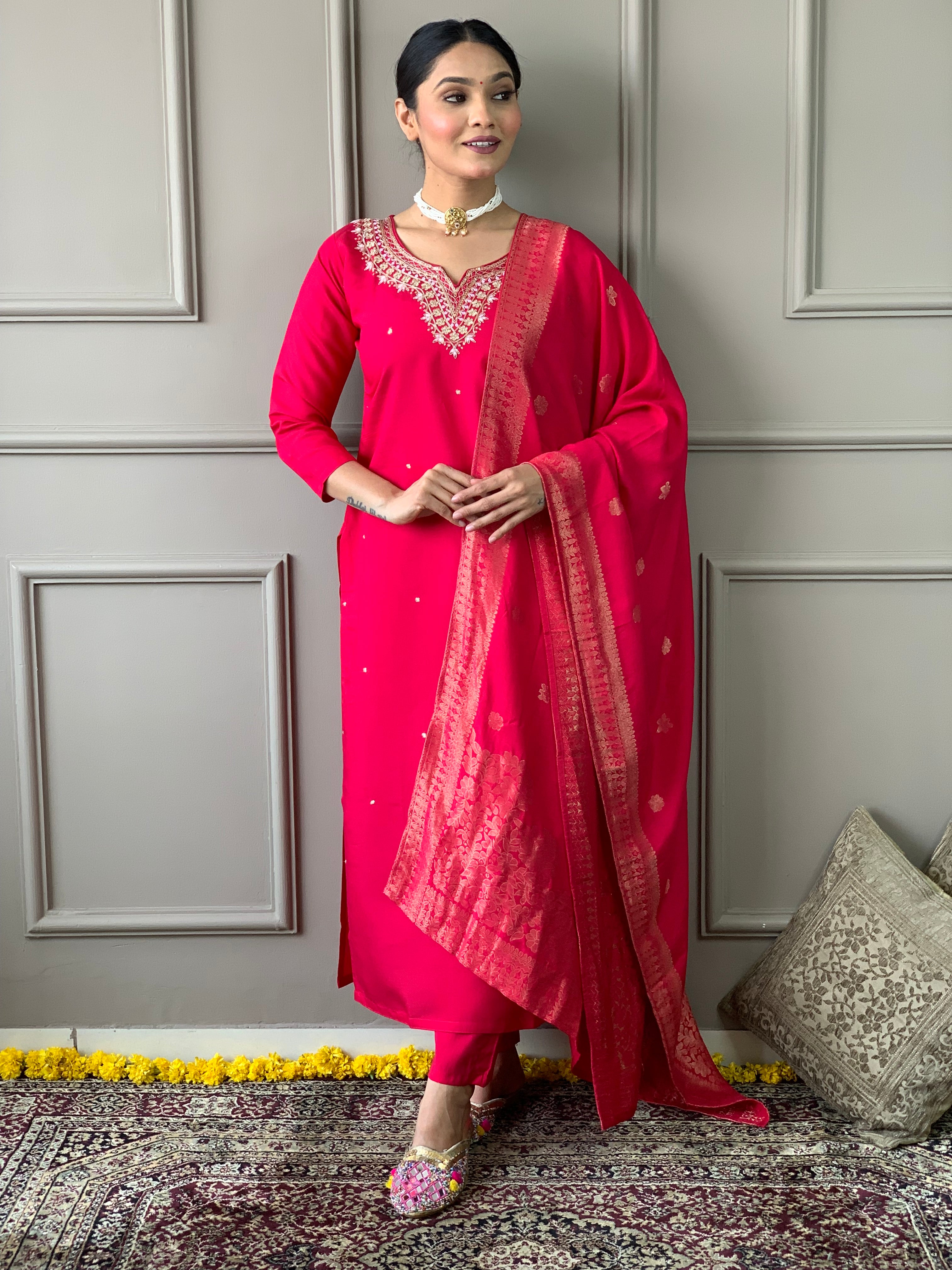 Rani Pink Kurta Set with Thread Embroidery Work With jacquard Woven Dupatta