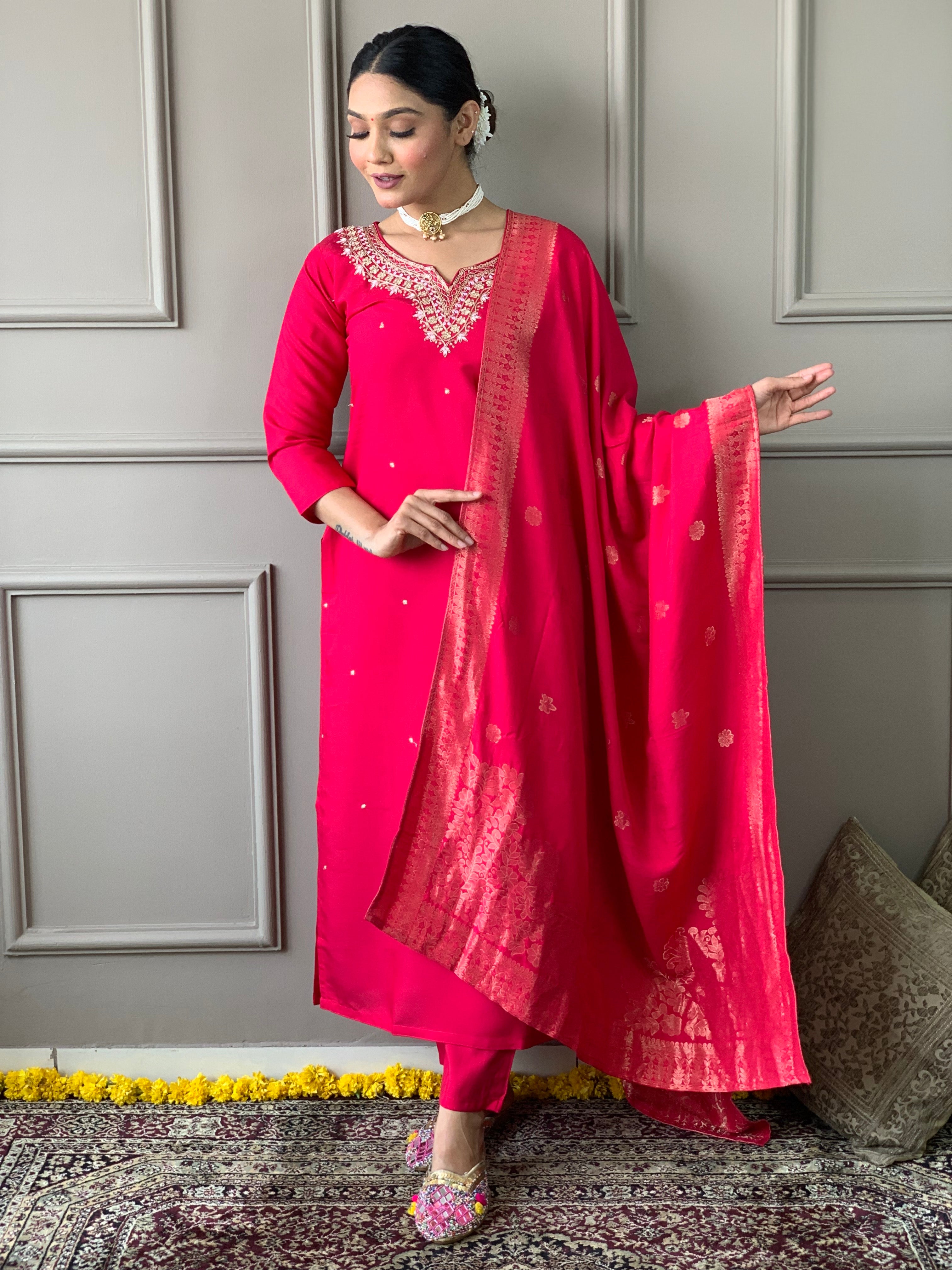 Rani Pink Kurta Set with Thread Embroidery Work With jacquard Woven Dupatta