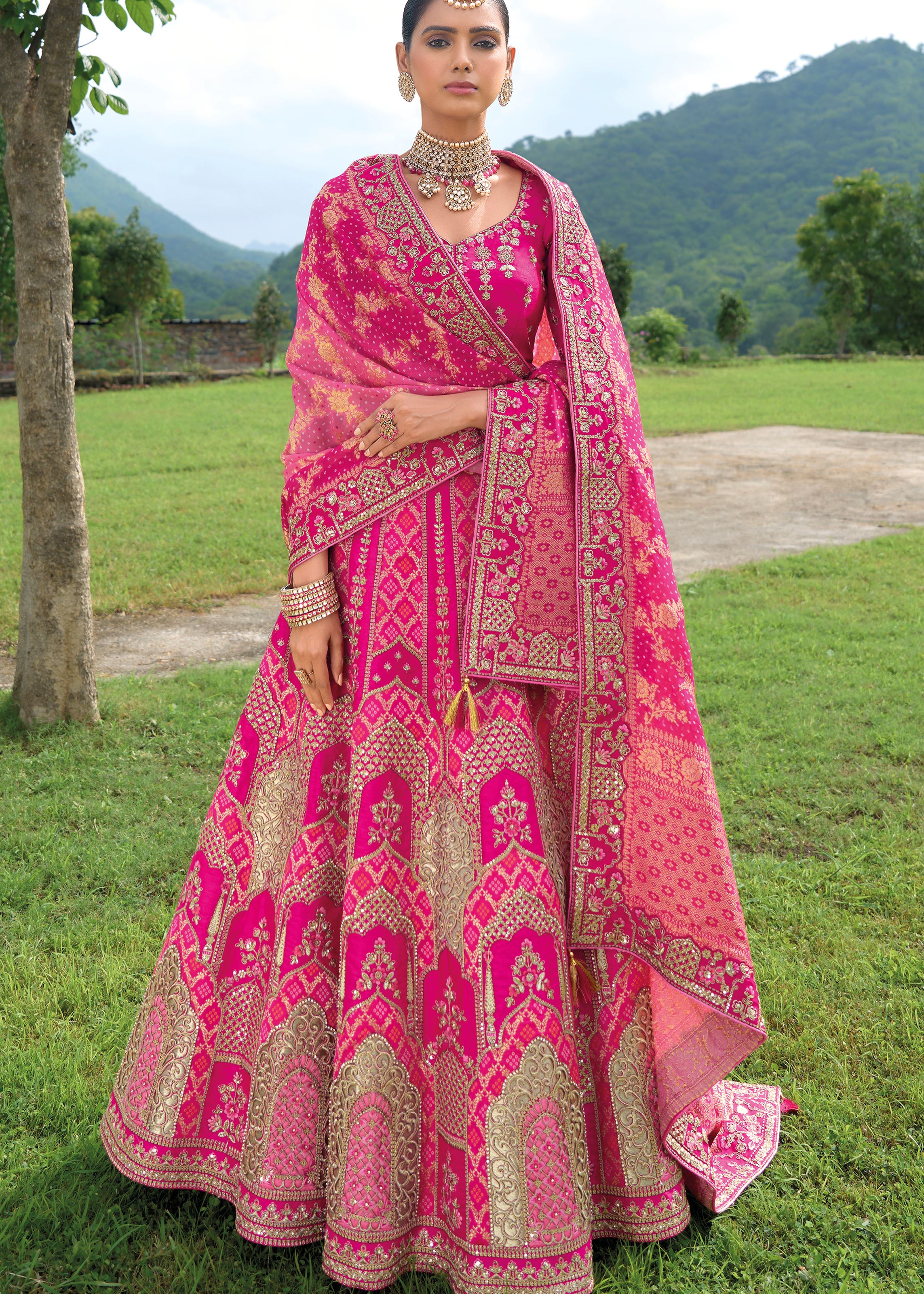 Rani Pink Lehenga Choli With Heavy Thread Embroidery, Khatli With Sequins Work