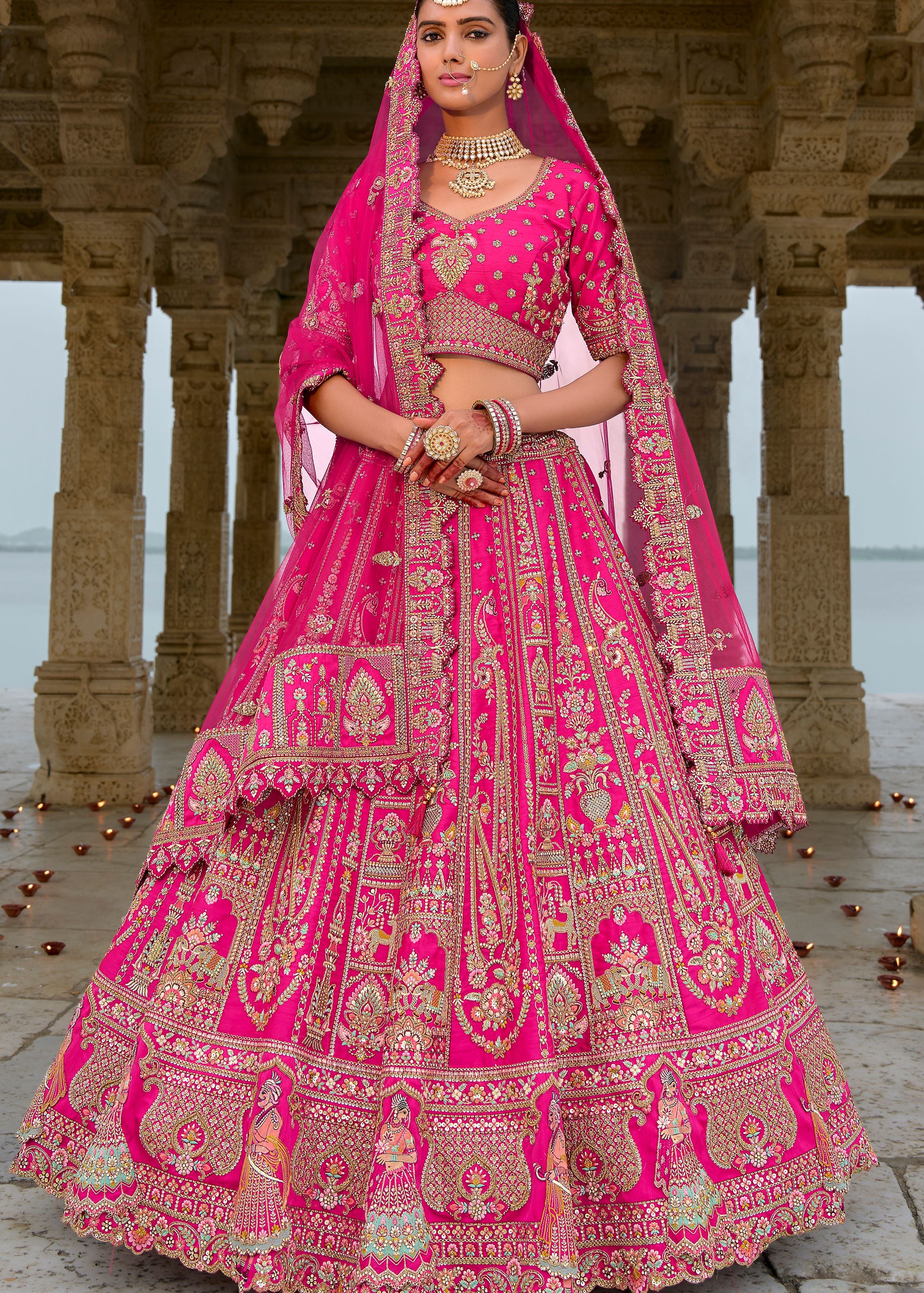 Rani Pink Lehenga Choli With Heavy Thread Embroidery, Zari With Sequins Work