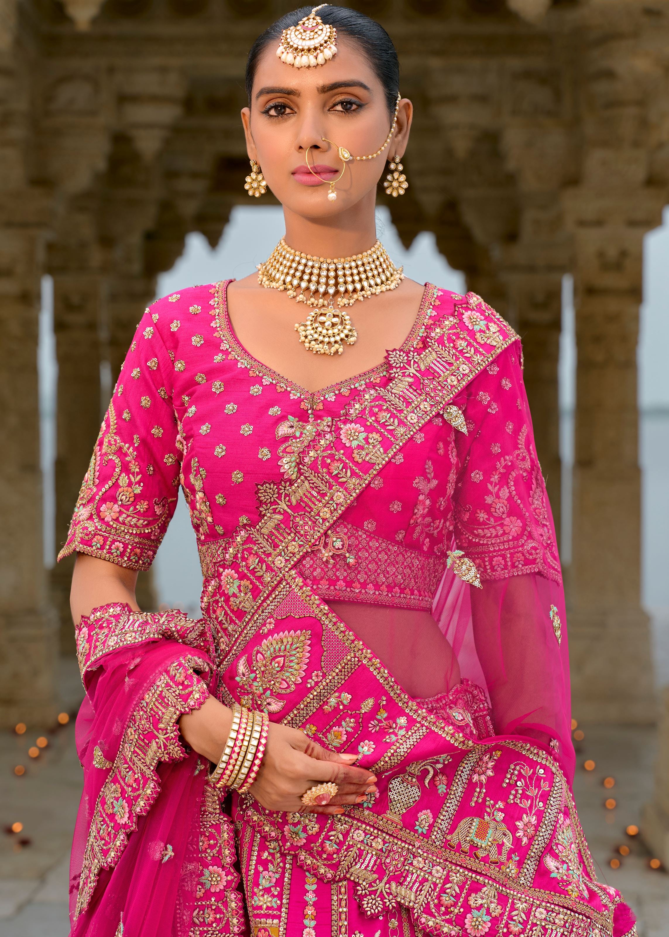 Rani Pink Lehenga Choli With Heavy Thread Embroidery, Zari With Sequins Work