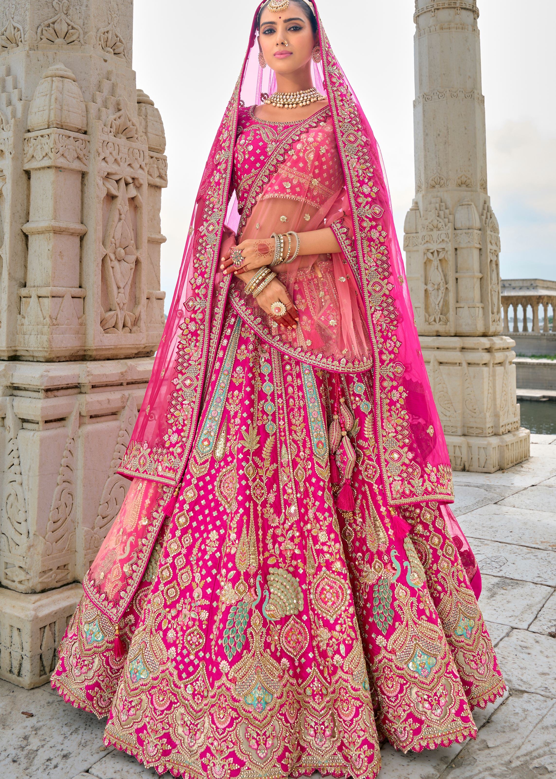 Rani Pink Lehenga Choli With Heavy Thread Embroidery, Zari With Sequins Work
