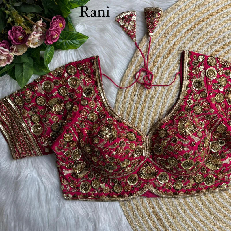 Rani Pink Luxury Heavy Beads Bridal Blouse Roman Silk Designer Wedding Wear