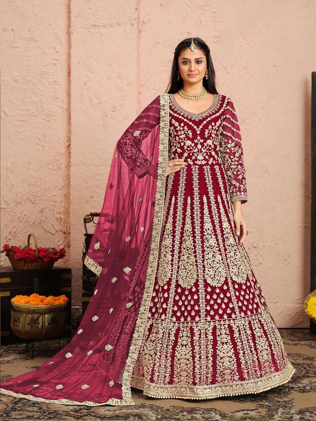 Rani Pink Net Heavy Thread Embroidery And Zari Work Anarkali Suits