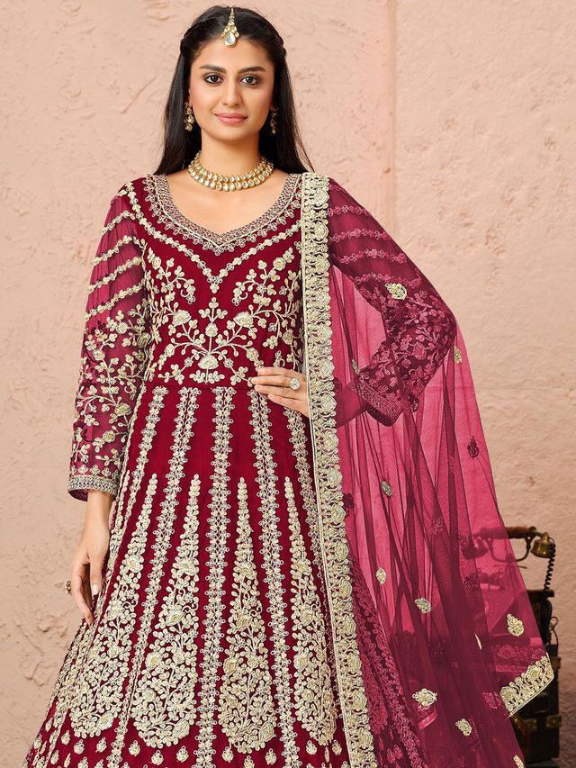 Rani Pink Net Heavy Thread Embroidery And Zari Work Anarkali Suits