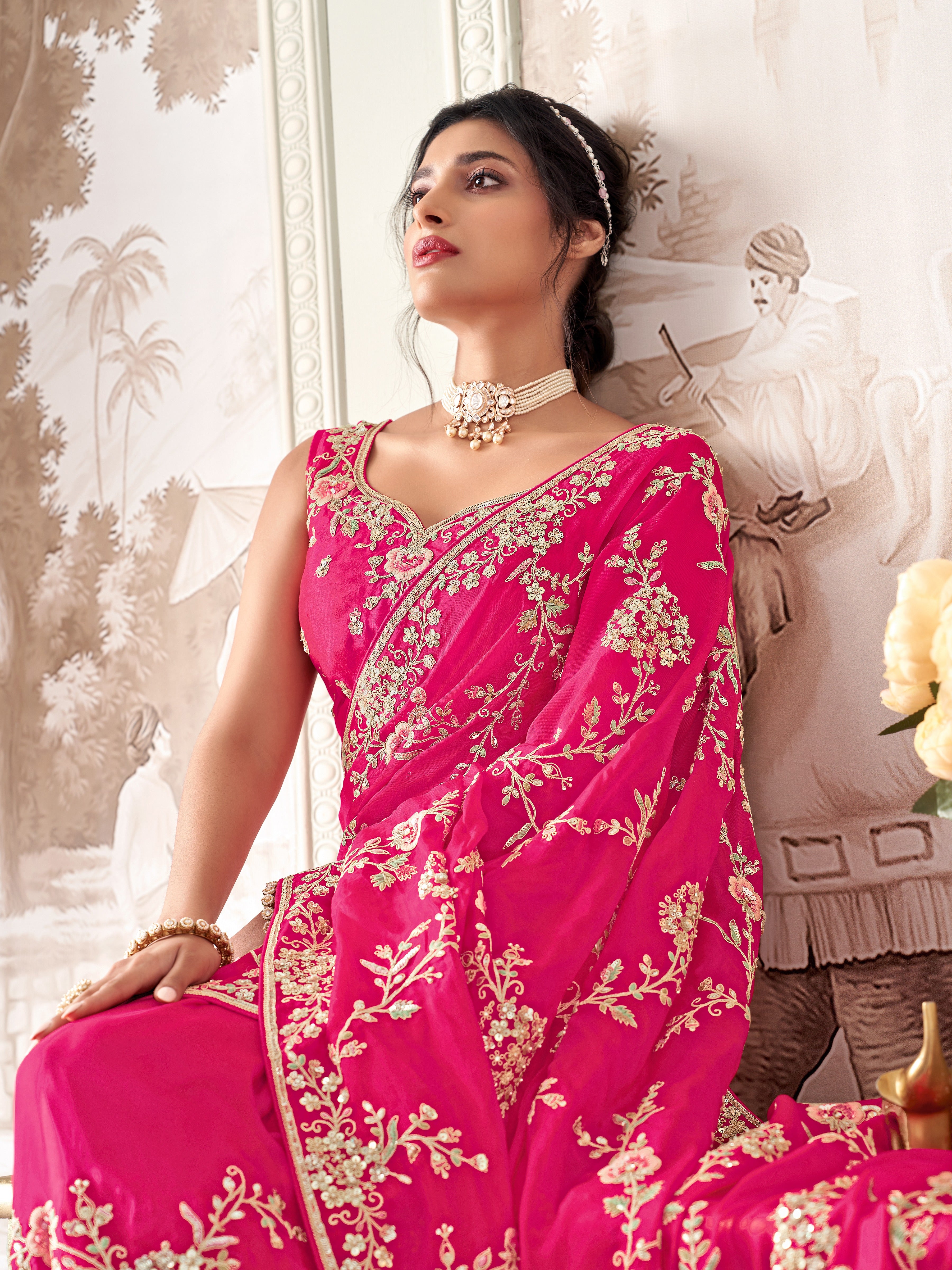 Rani Pink Organza Saree With Heavy Thread Embroidery, Zari and Sequins Work