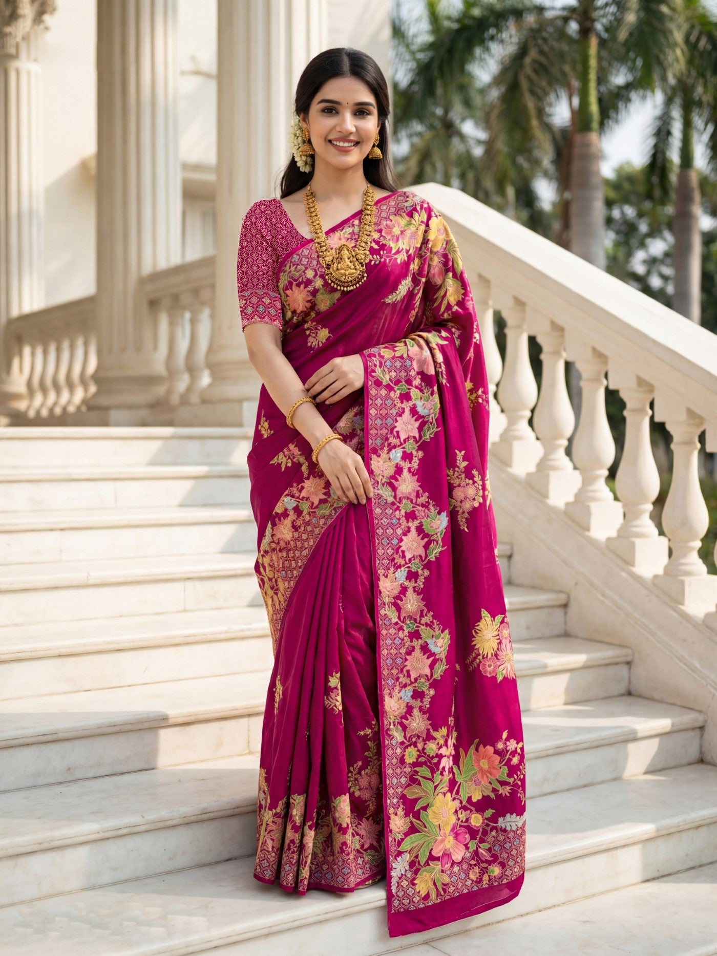Rani Pink Premium Russian Silk Saree With Designer Floral Position Print