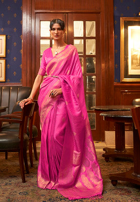 Rani Pink Pure Satin Woven Silk Saree With Woven Work