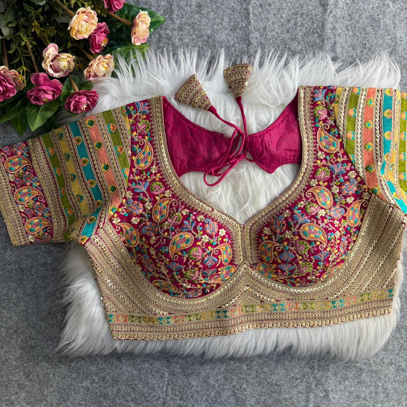 Rani Pink Sabyasachi Style Heavy Kashmiri Thread & Cording Work Fox Georgette Blouse for Women