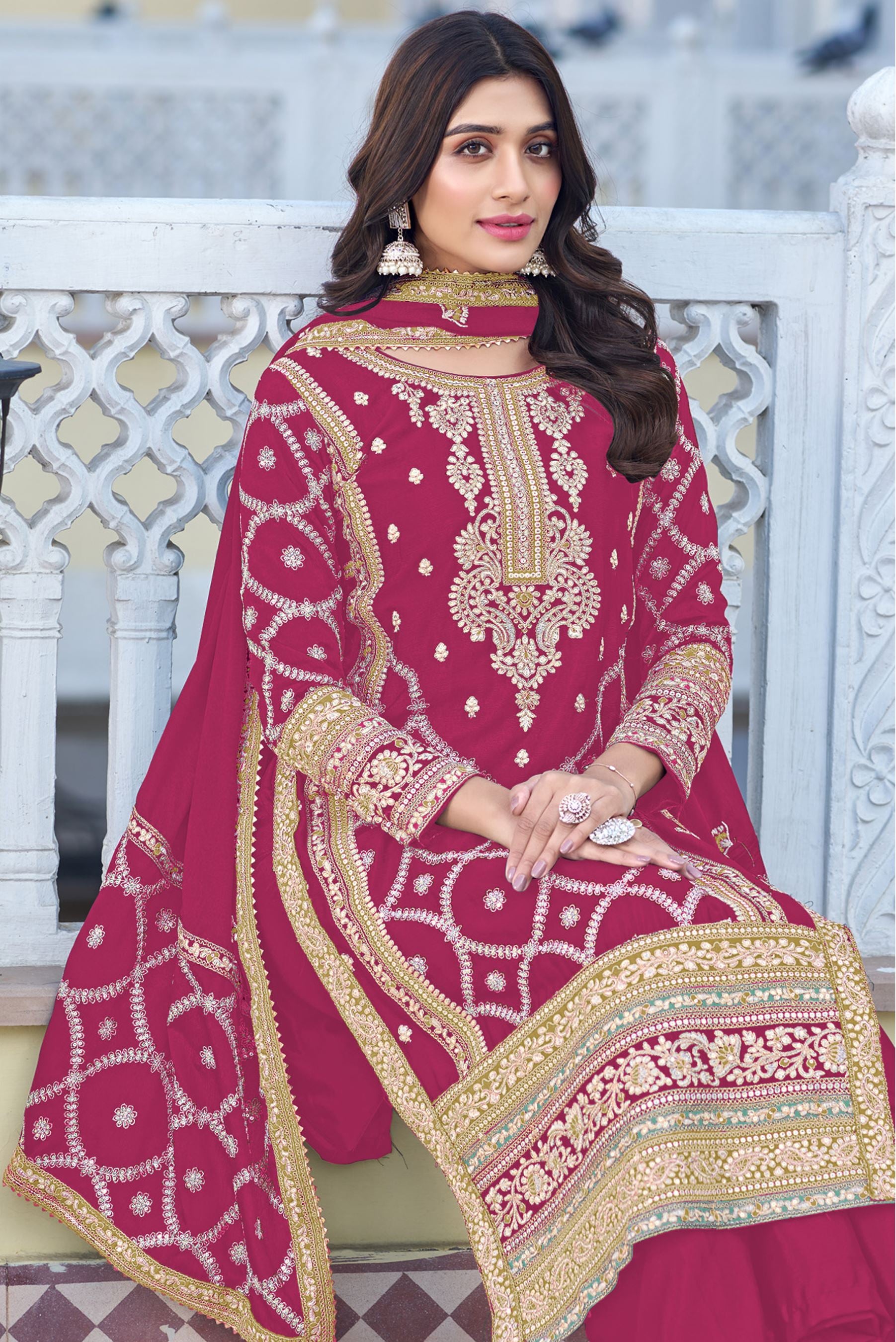 Rani Pink Salwar Kameez with Heavy Thread Embroidery and Zari With Sequins Work