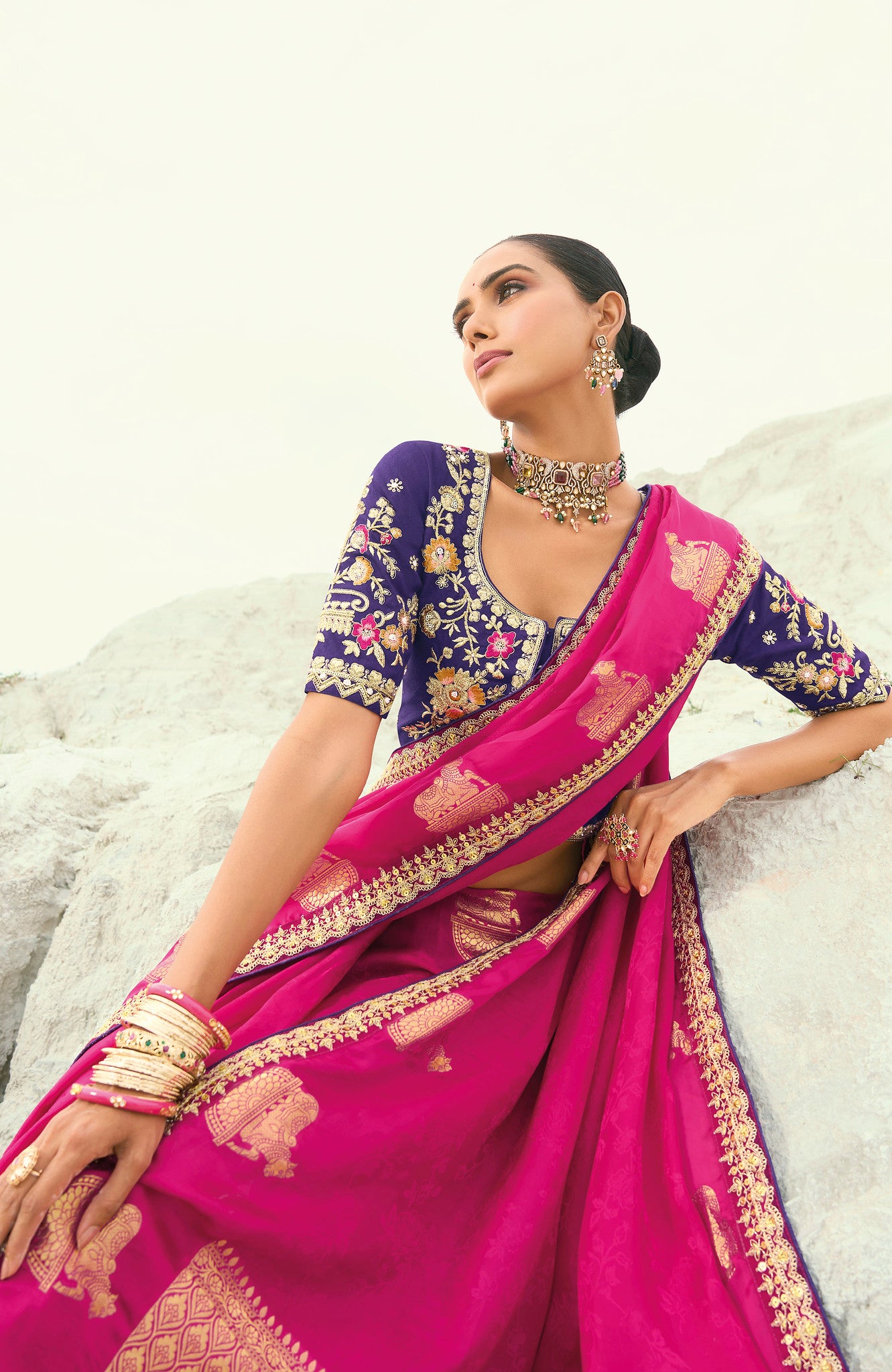 Rani Pink Saree With Coding Border With Cut-Dana, Moti Heavy Work Blouse