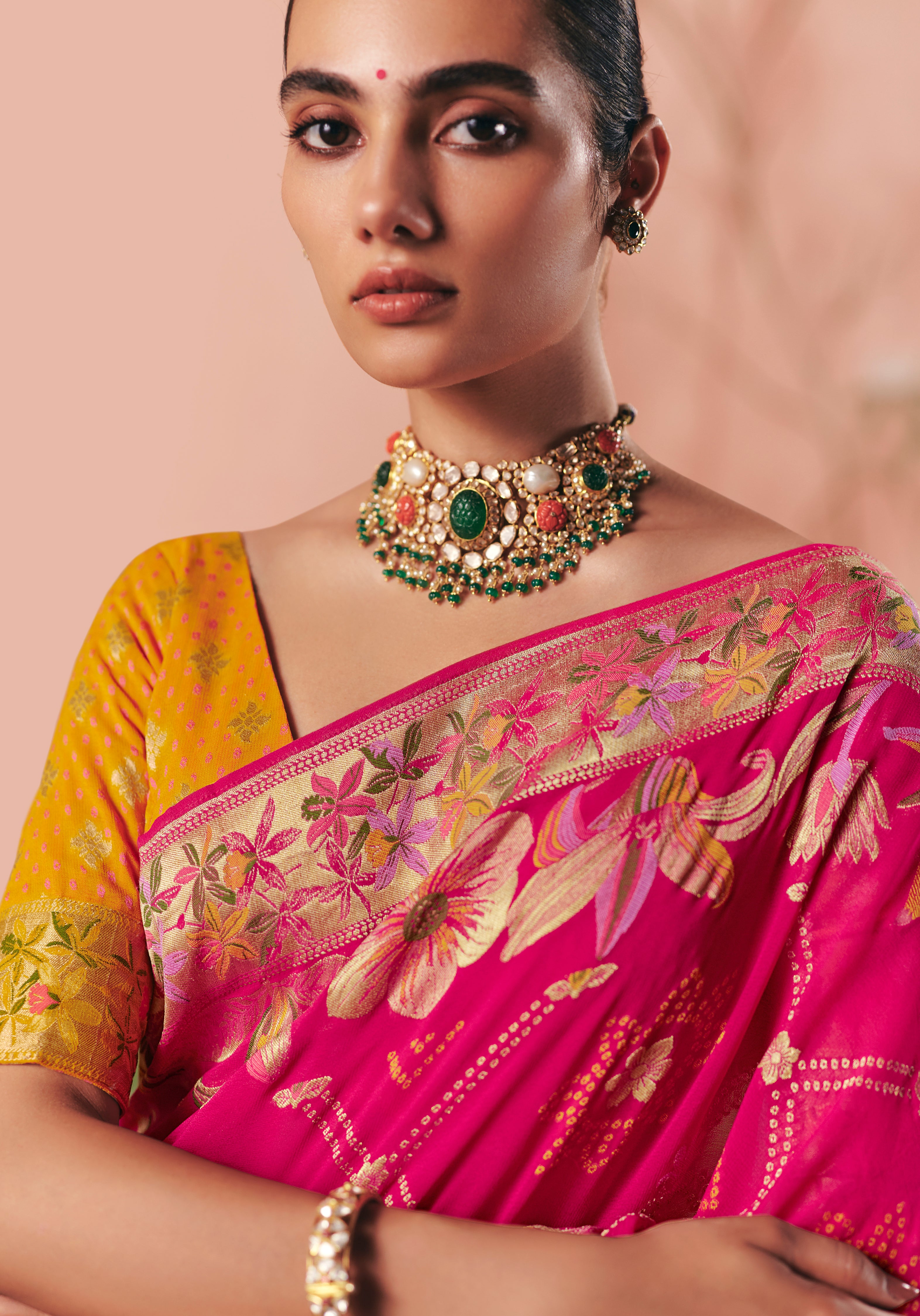 Rani Pink Saree With Designer Bandhej Weaving Work With Beutifull Tassles Attached