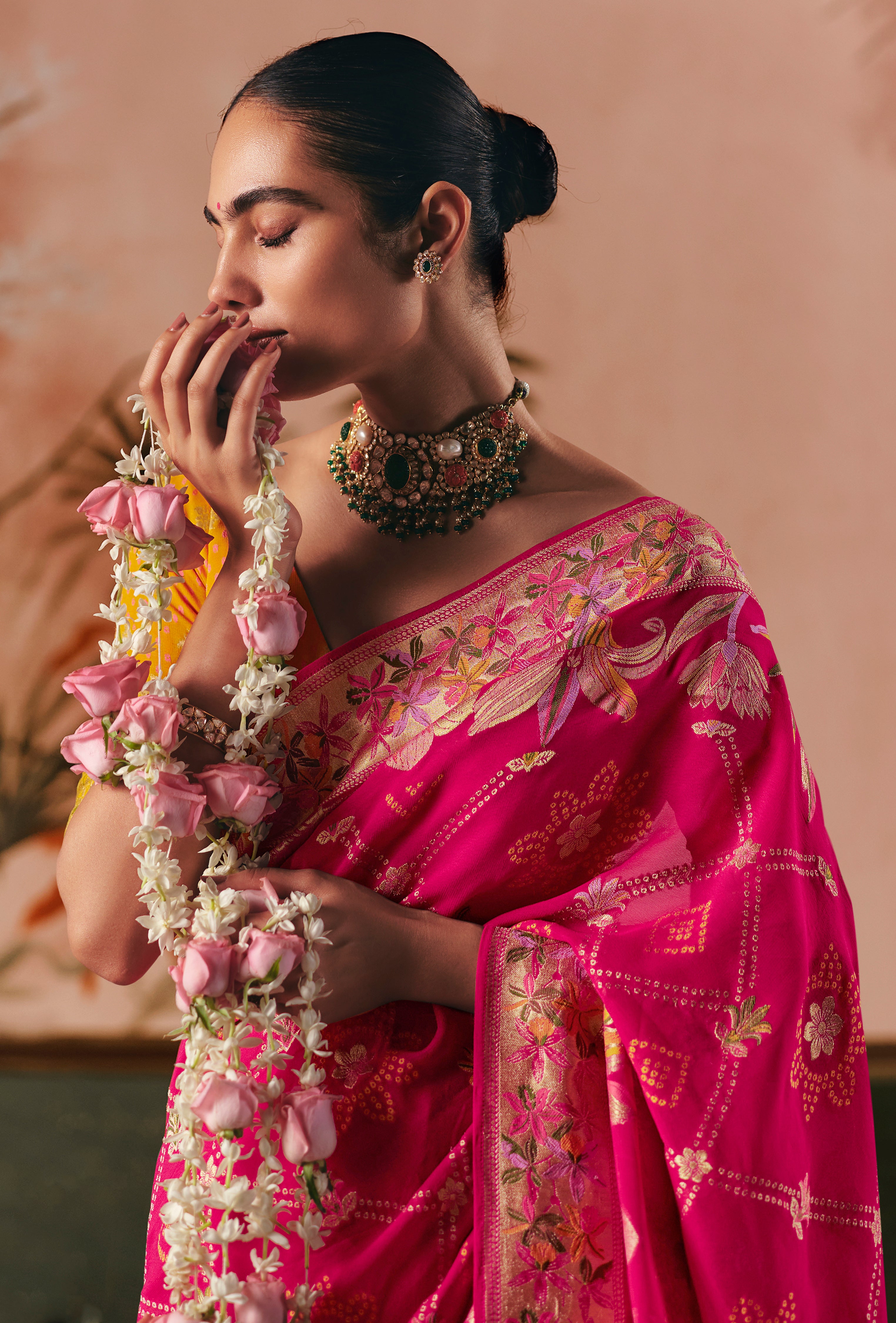 Rani Pink Saree With Designer Bandhej Weaving Work With Beutifull Tassles Attached