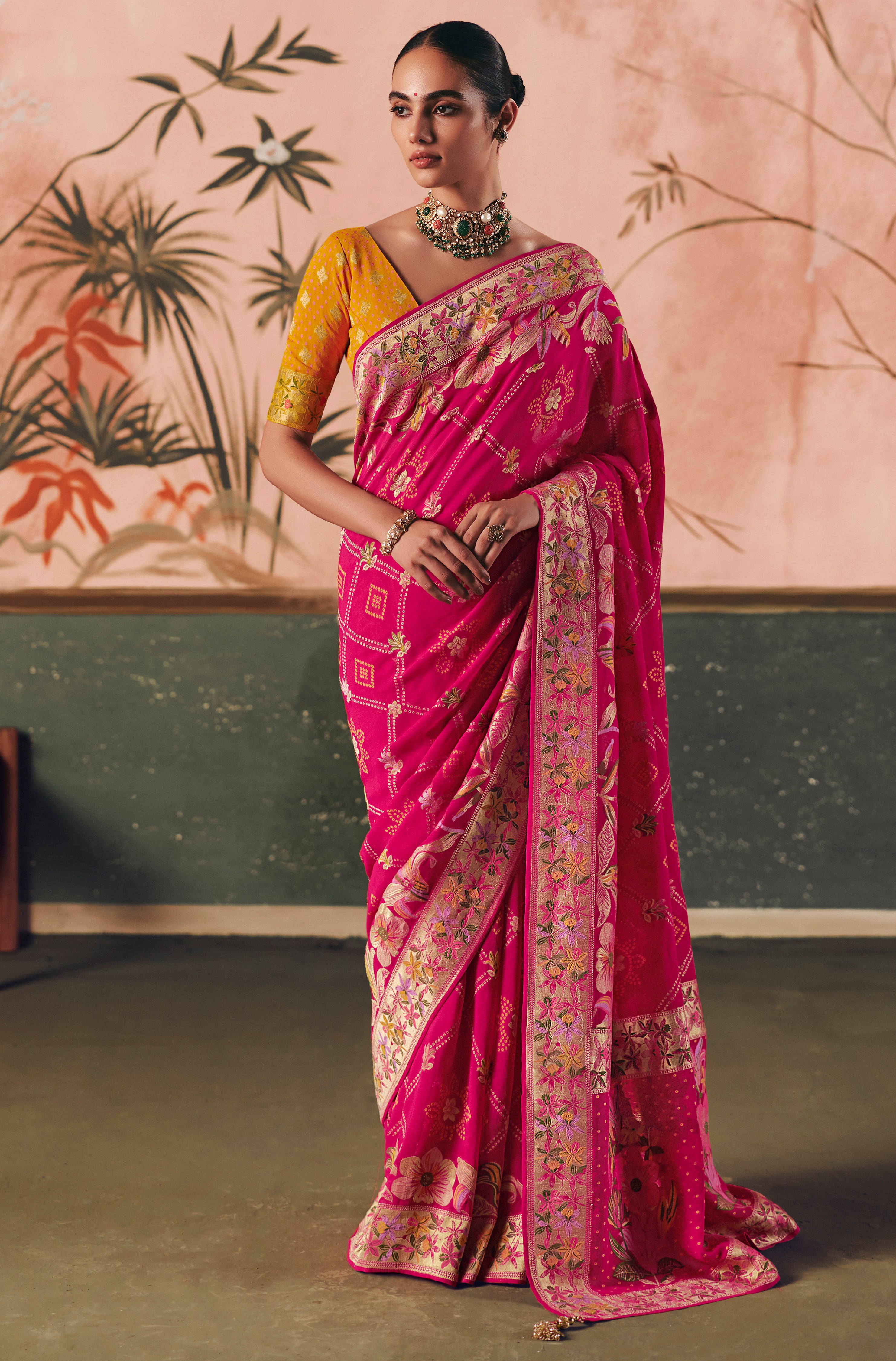 Rani Pink Saree With Designer Bandhej Weaving Work With Beutifull Tassles Attached