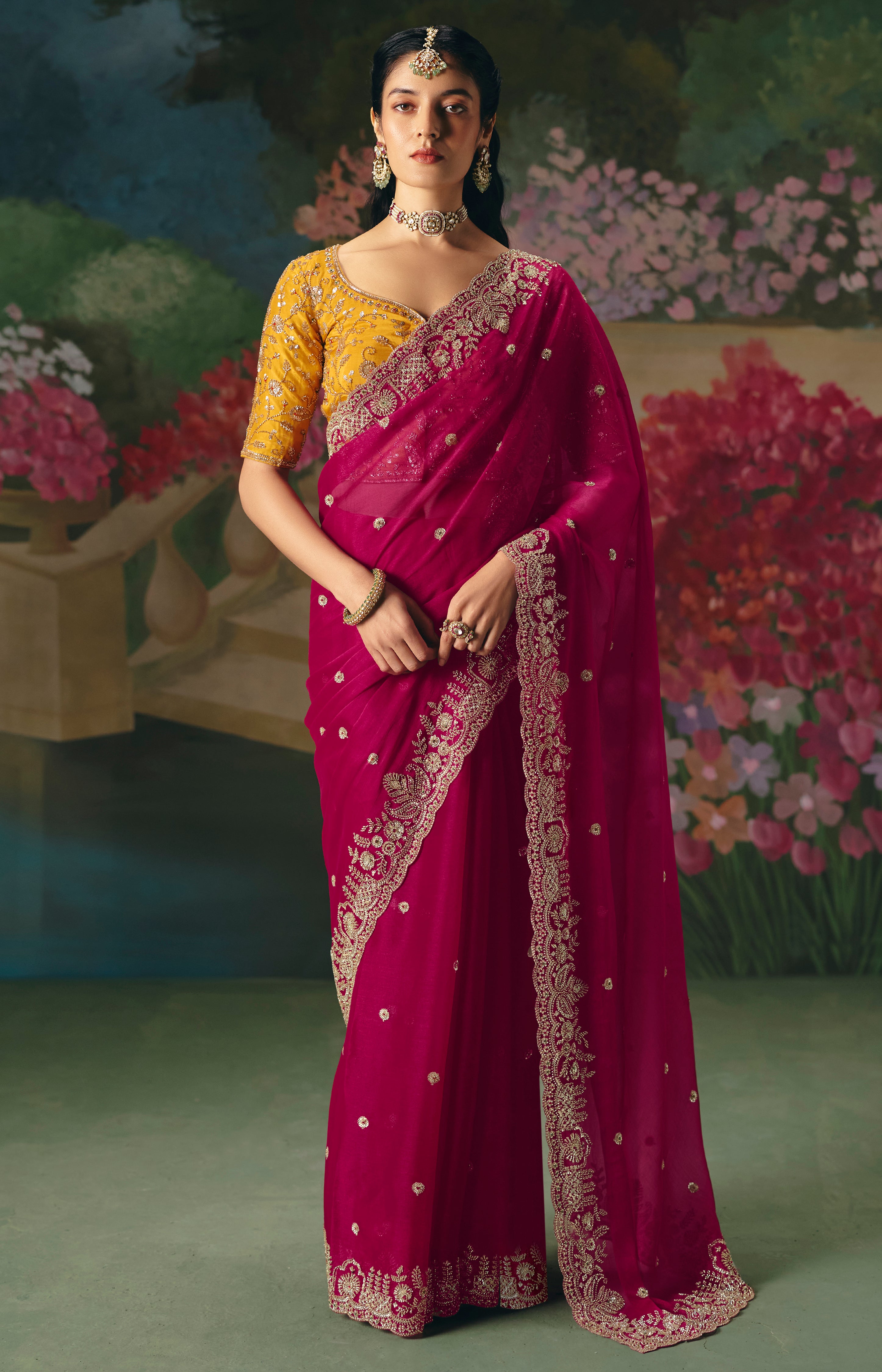 Rani Pink Saree With Heavy Designer Embroidery, Sequince, Stone, With Beads Work