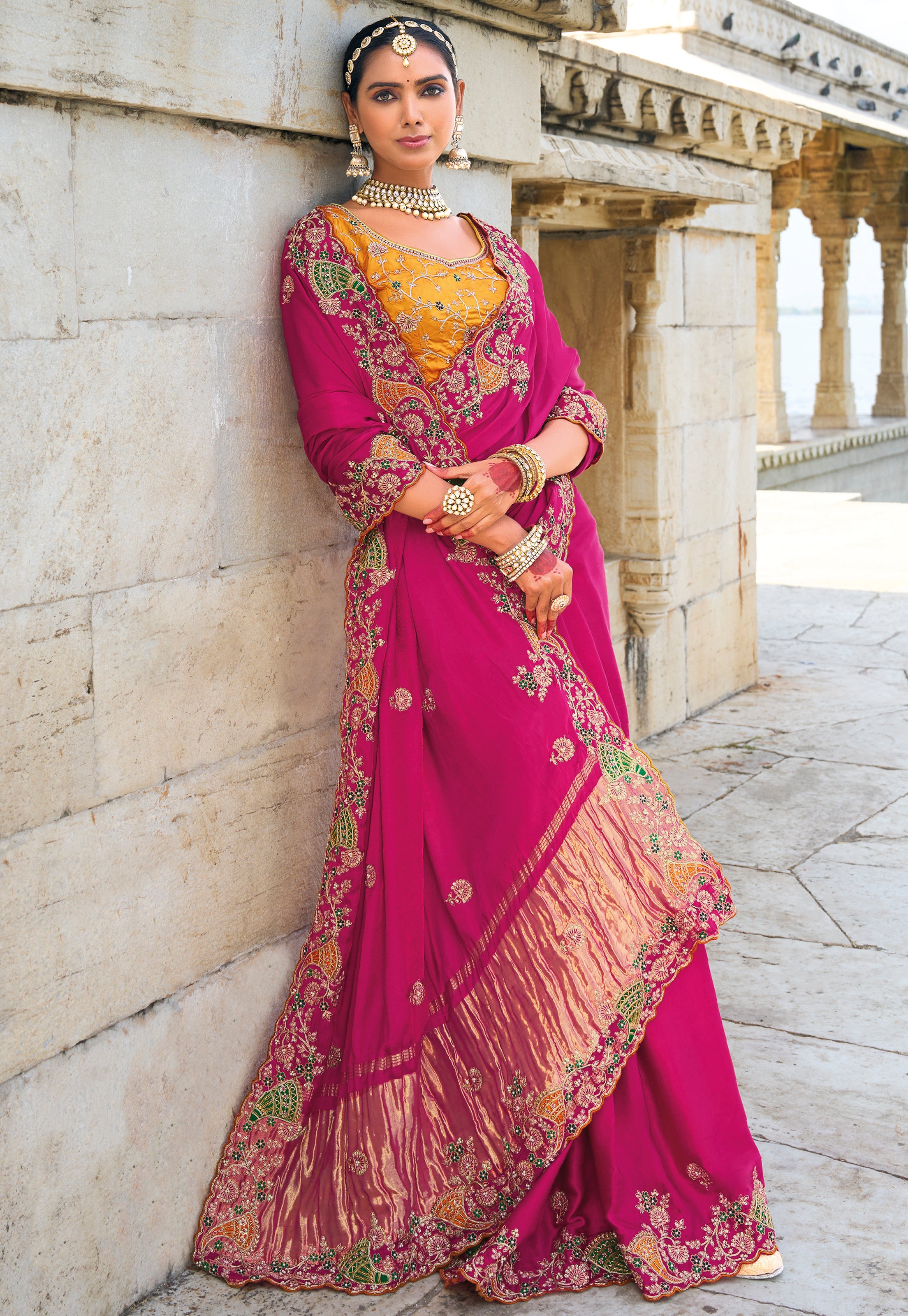 Rani Pink Saree With Heavy Embroidered Work