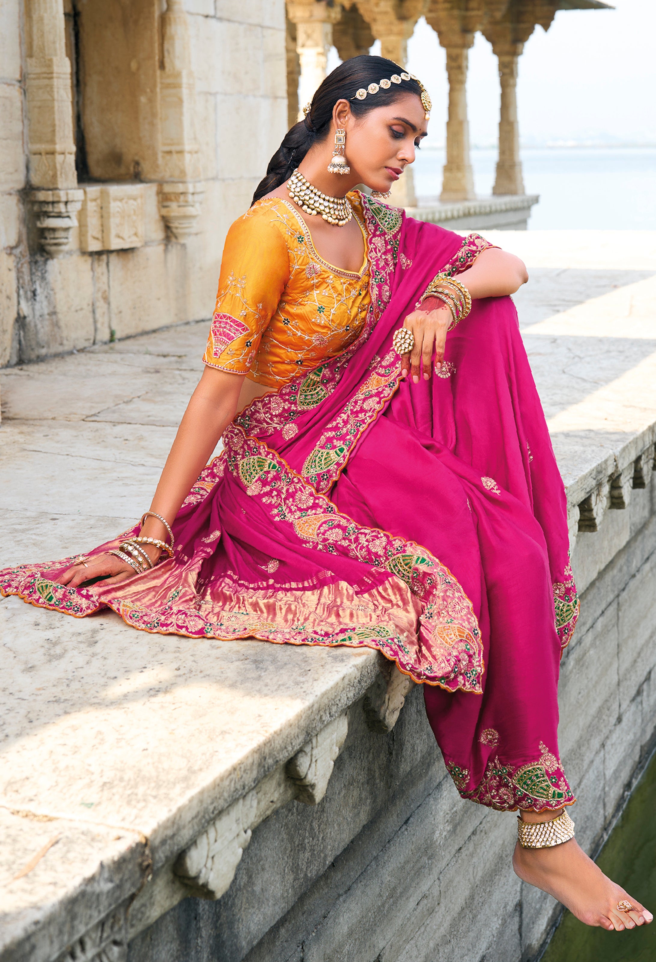 Rani Pink Saree With Heavy Embroidered Work