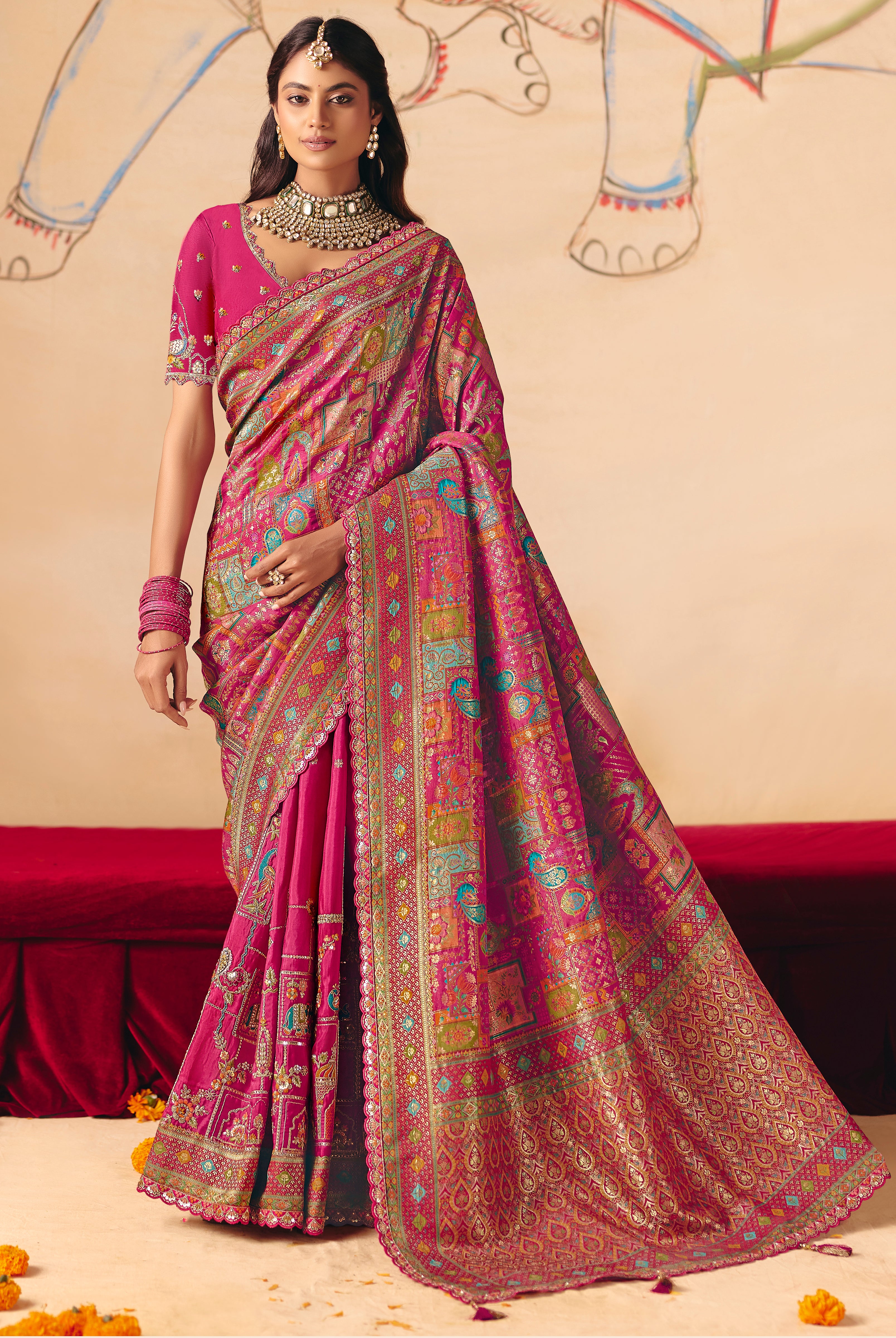 Rani Pink Saree With Heavy Embroidery, Sequin, Thread, and Stone Work On Patli & Cutwork Lace With Heavy Work Blouse