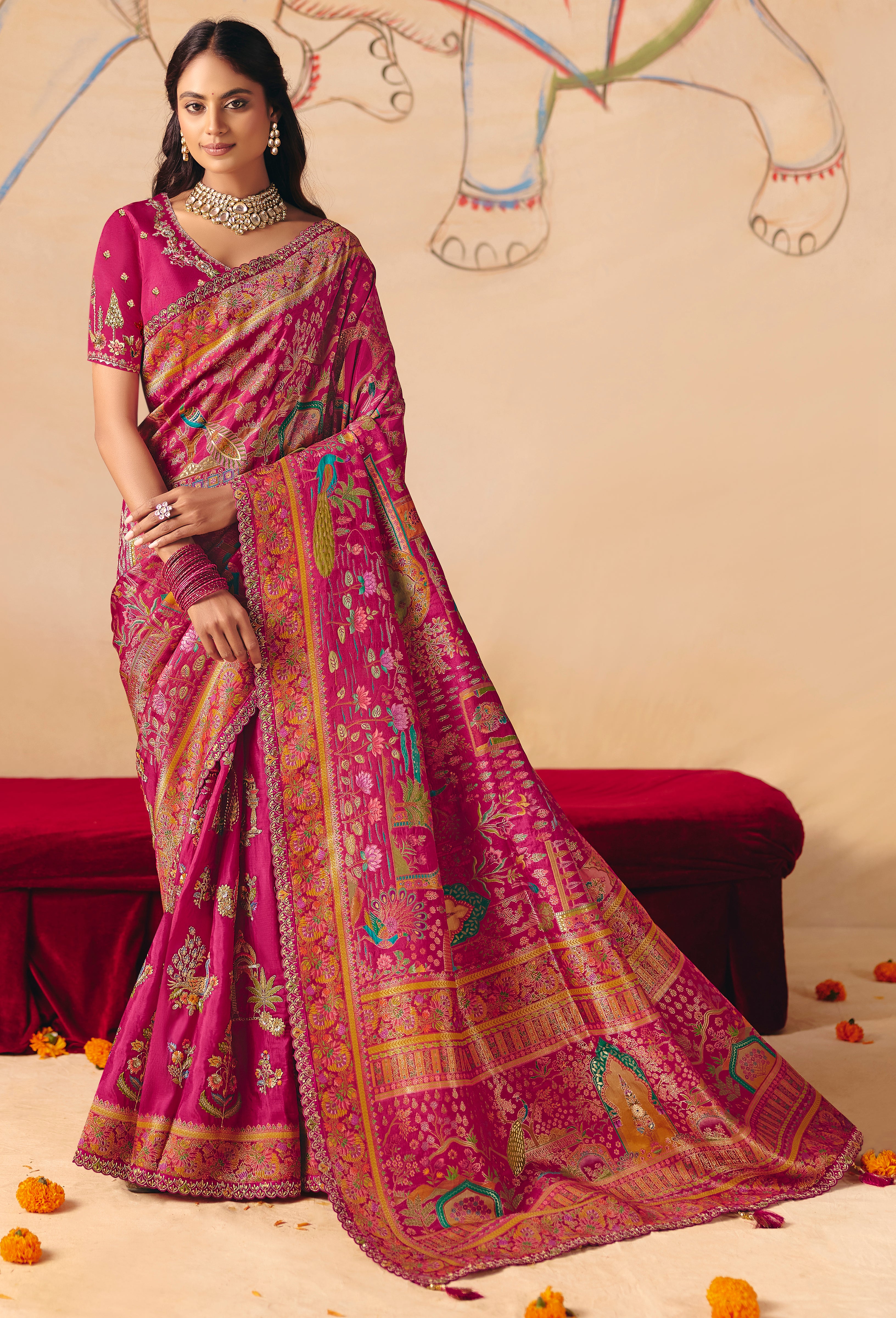 Rani Pink Saree With Heavy Embroidery, Sequin, Thread, and Stone Work On Patli & Cutwork Lace With Heavy Work Blouse