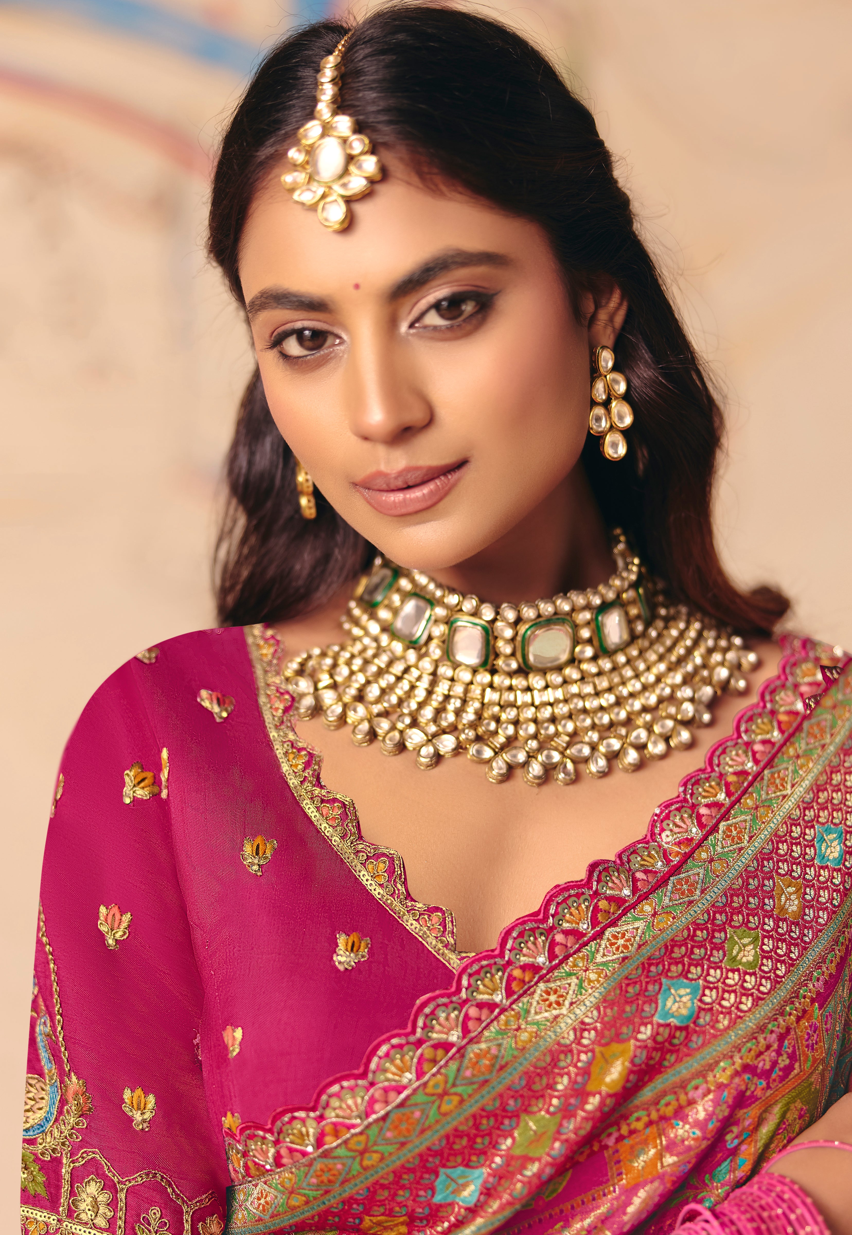 Rani Pink Saree With Heavy Embroidery, Sequin, Thread, and Stone Work On Patli & Cutwork Lace With Heavy Work Blouse