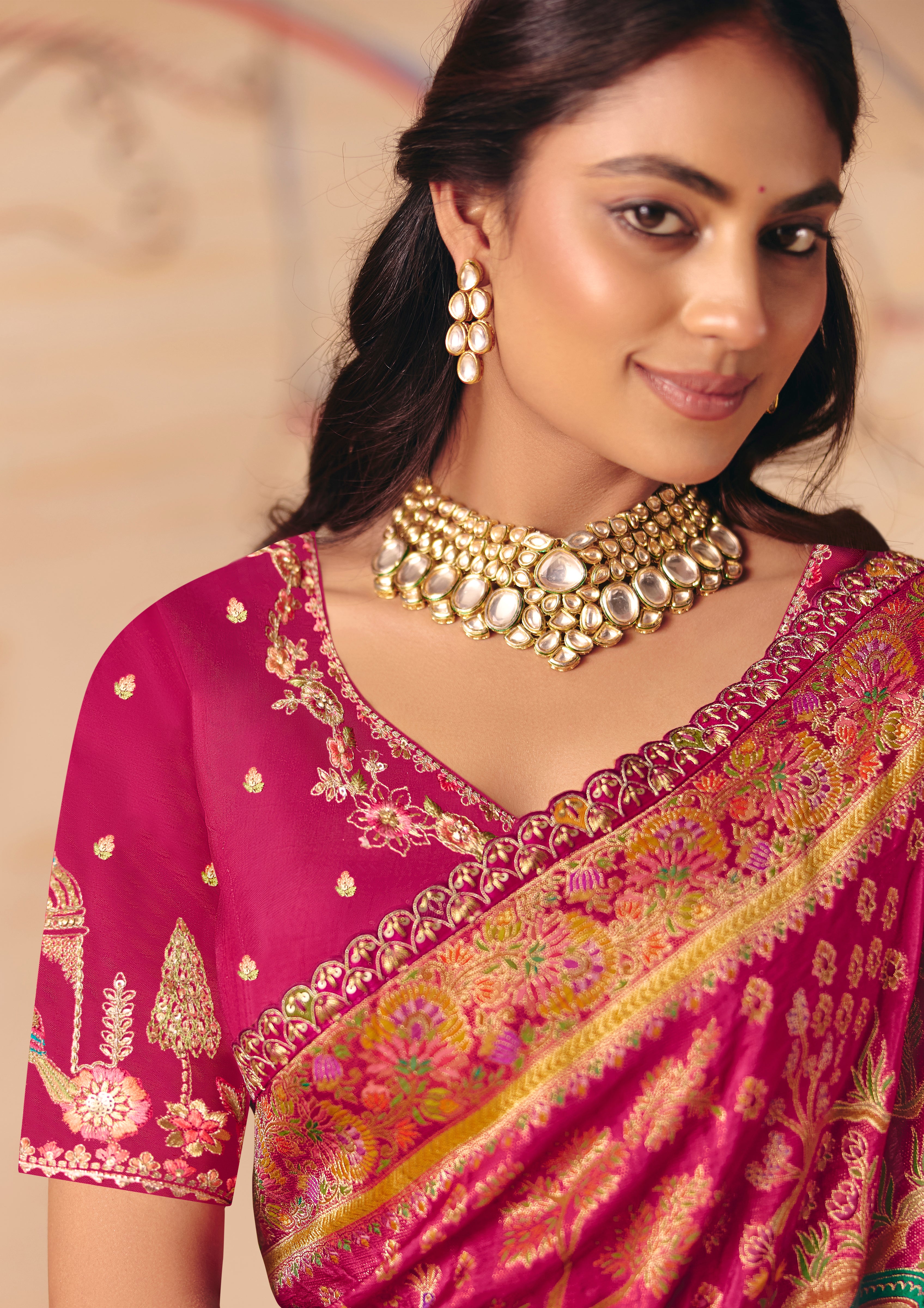 Rani Pink Saree With Heavy Embroidery, Sequin, Thread, and Stone Work On Patli & Cutwork Lace With Heavy Work Blouse