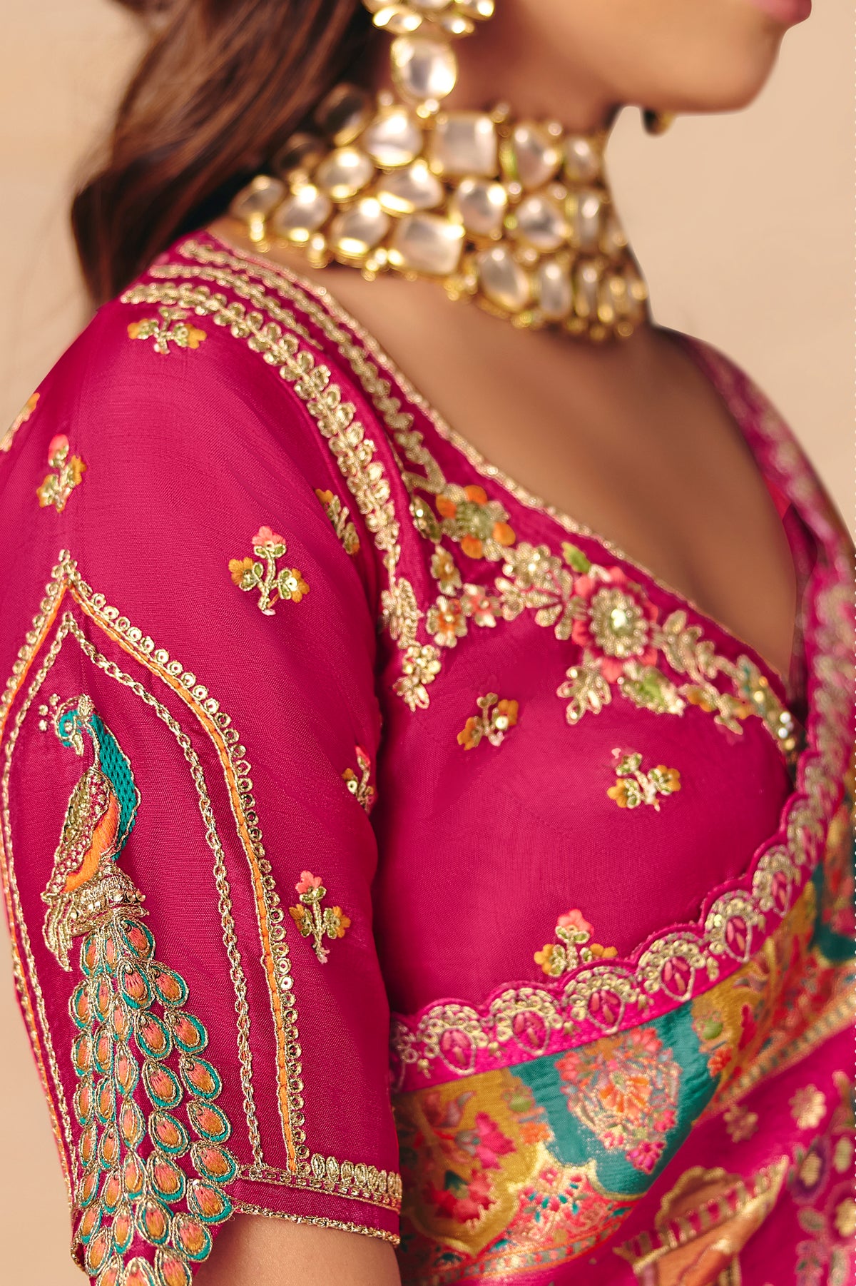 Rani Pink Saree With Heavy Embroidery, Sequin, Thread, and Stone Work On Patli & Cutwork Lace With Heavy Work Blouse